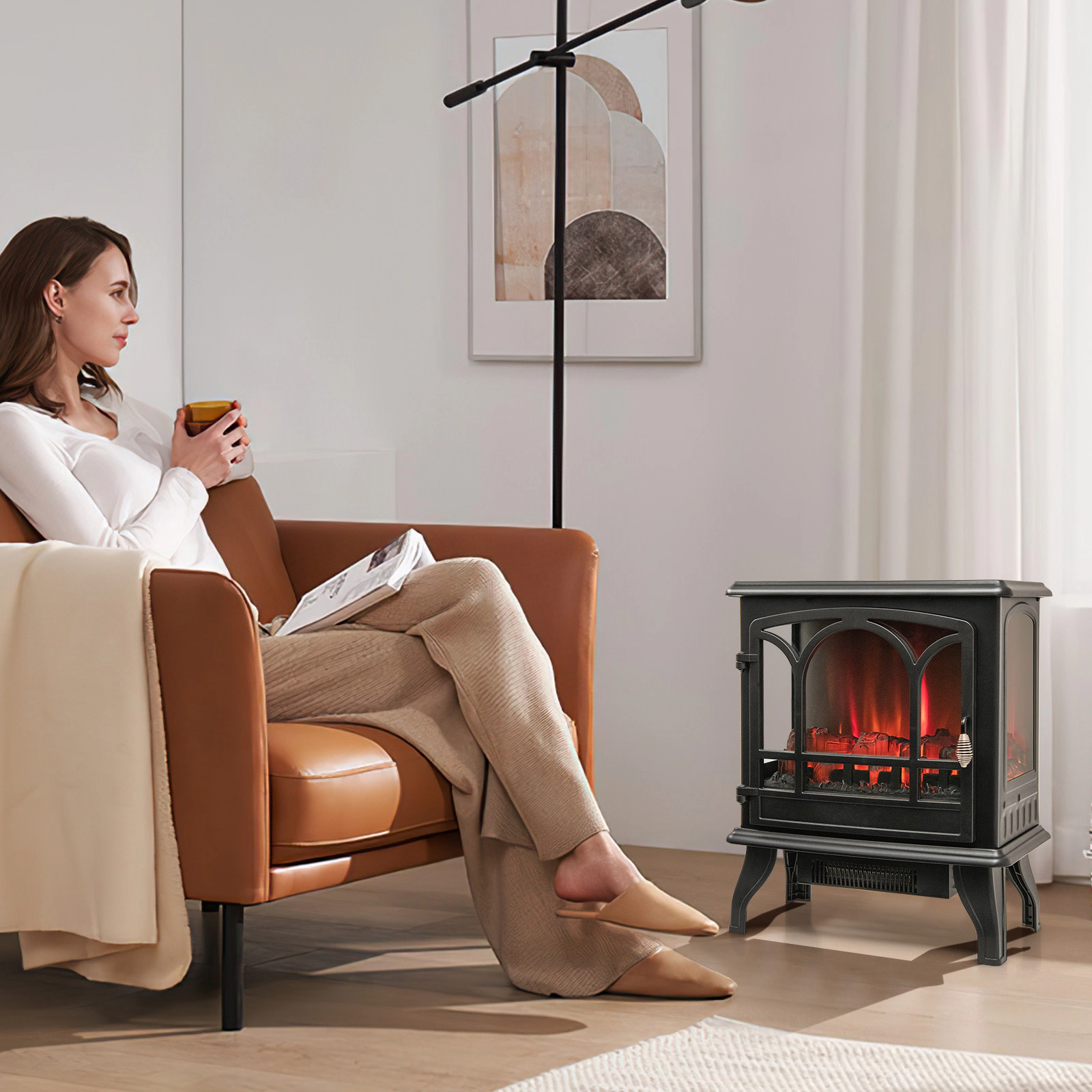 LJG 1400W Electric Stove Heater with 3-Level Flame Effect and 3-Sided View
