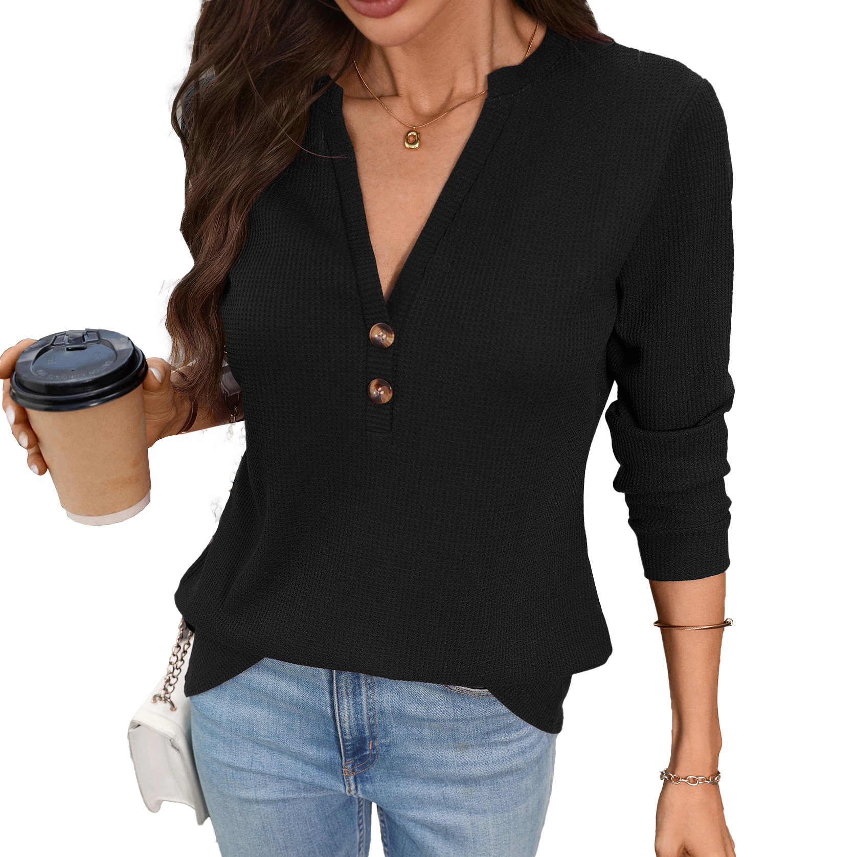 Enchanted Funland Womens Notched V‑Neck Waffle Knit Henley Button Long Sleeve Tops