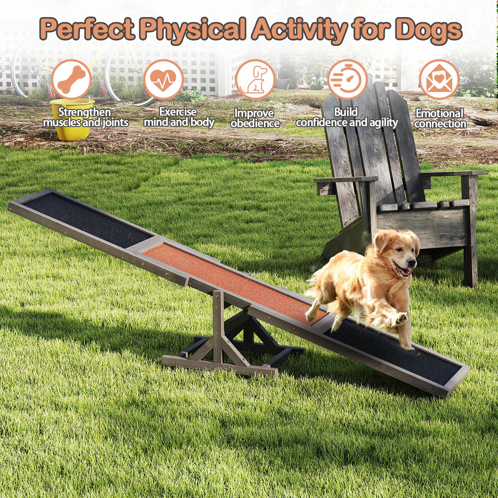 SUGIFT Outdoor Wooden Dog Agility Seesaw Training Ramp 66-lb Capacity Dog Exercise Toy Gray/White