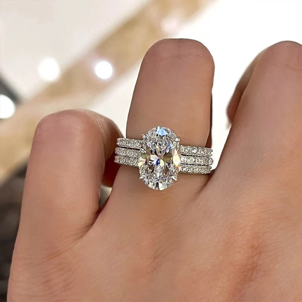 3 Piece Oval CZ with Micro Pave Bands Ring Set for Women