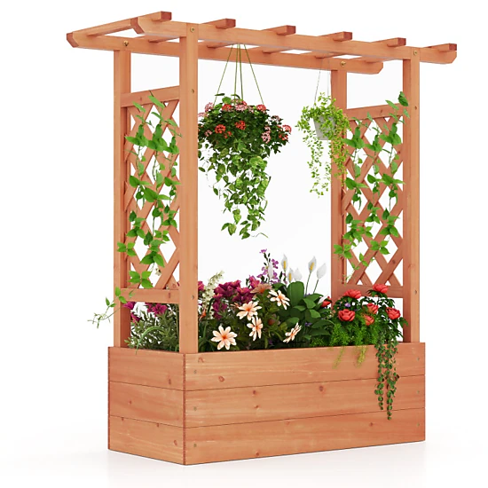 Hivvago Wooden Raised Garden Bed Elevated Planter Box With Trellis And Hanging Roof