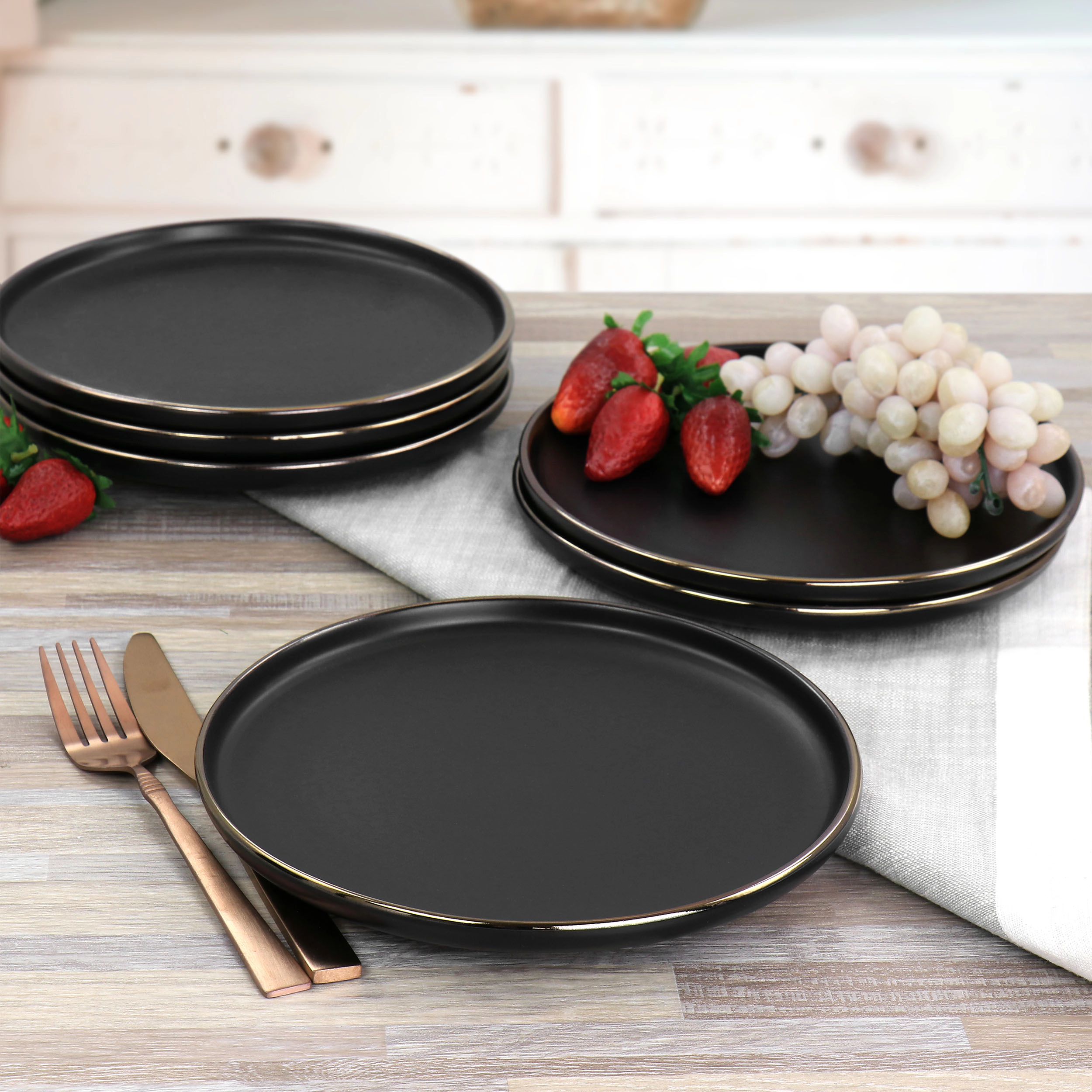Elama 6 Piece Stoneware Salad Plate Set Matte with Gold Rim