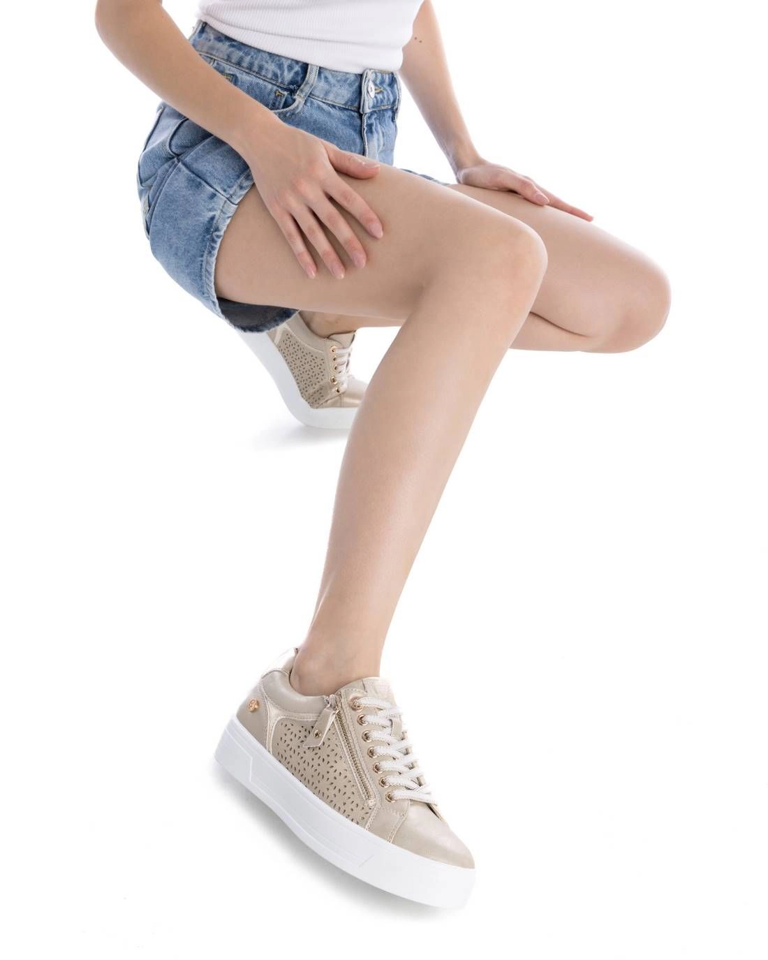 XTI Women's Sneakers Gold, Round Toe, Flat Heel