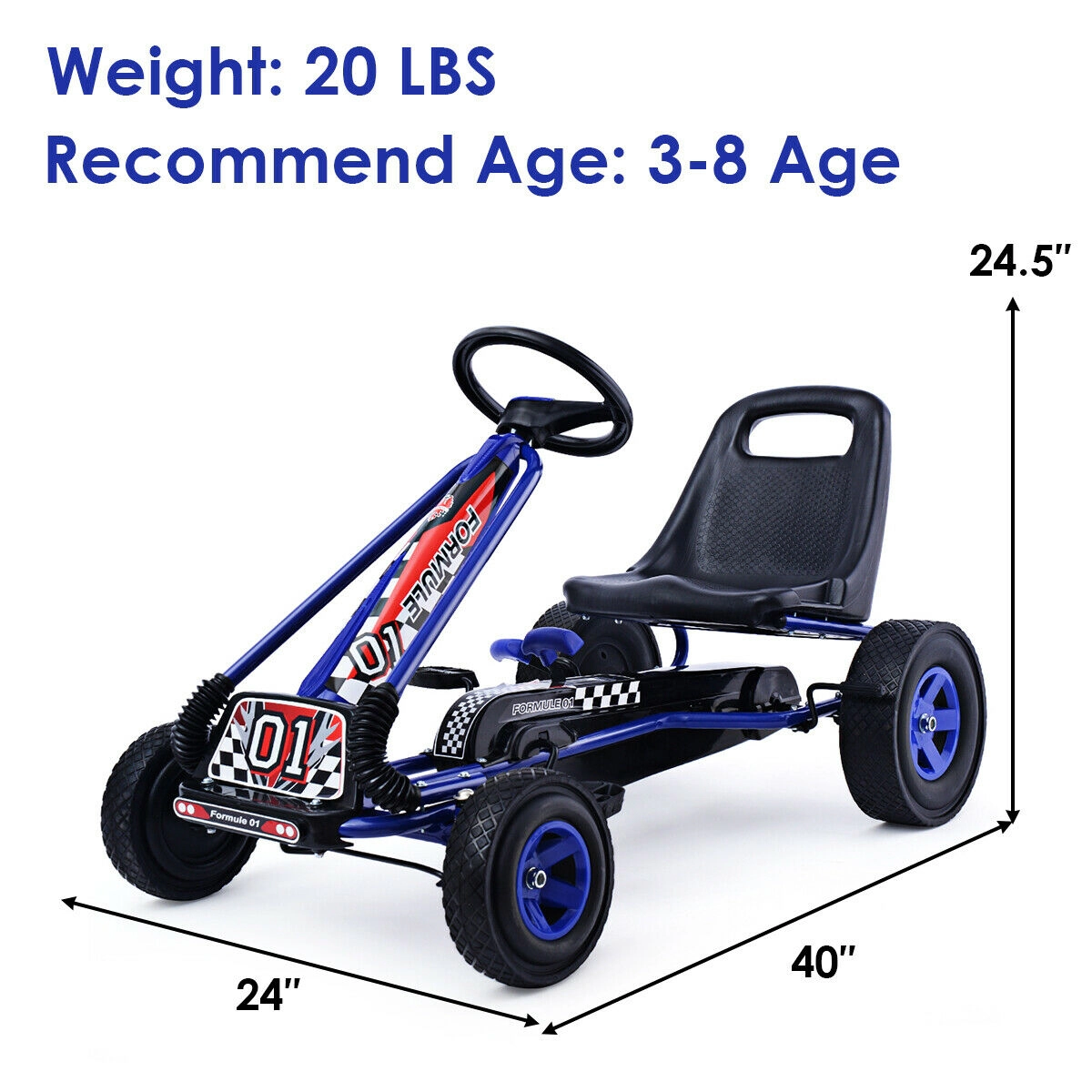 SUGIFT 4-Wheel Kids Ride On Pedal Powered Go Kart Car 66-lb Capacity Ages 3-8 39.8-in Frame Iron & PP Body Rubber Tires