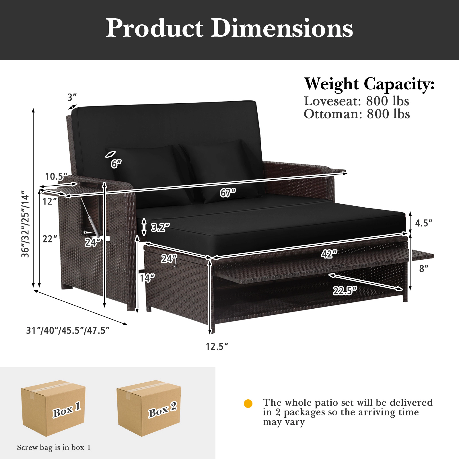 SUGIFT Black 4-Level Adjustable Backrest and Retractable Side Tray Patio Rattan Daybed