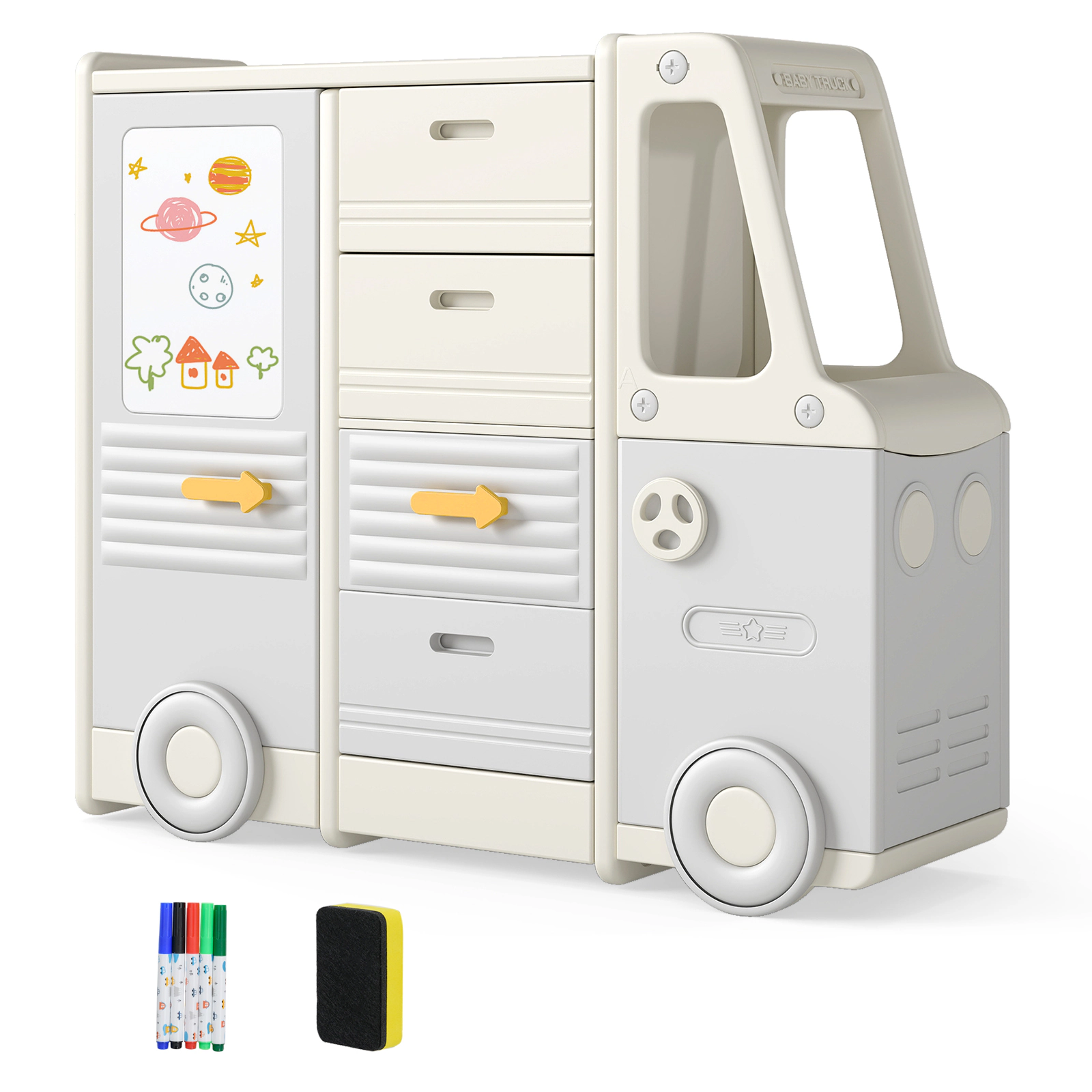 SUGIFT Gray 180-lb Capacity Bus-Shaped Kids Toy Storage Organizer Cabinet with 4 Pull-Out Drawers and Whiteboard