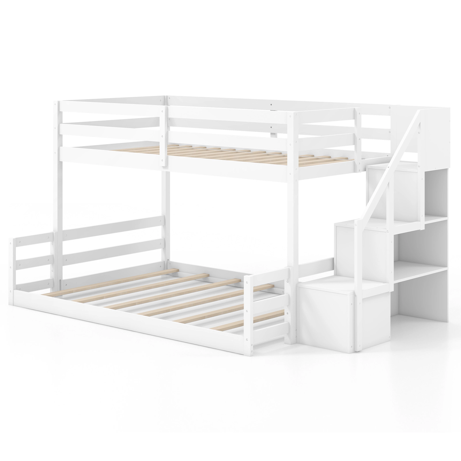 SUGIFT White Twin-over-Full Solid Wood Bunk Bed with Storage Stairs