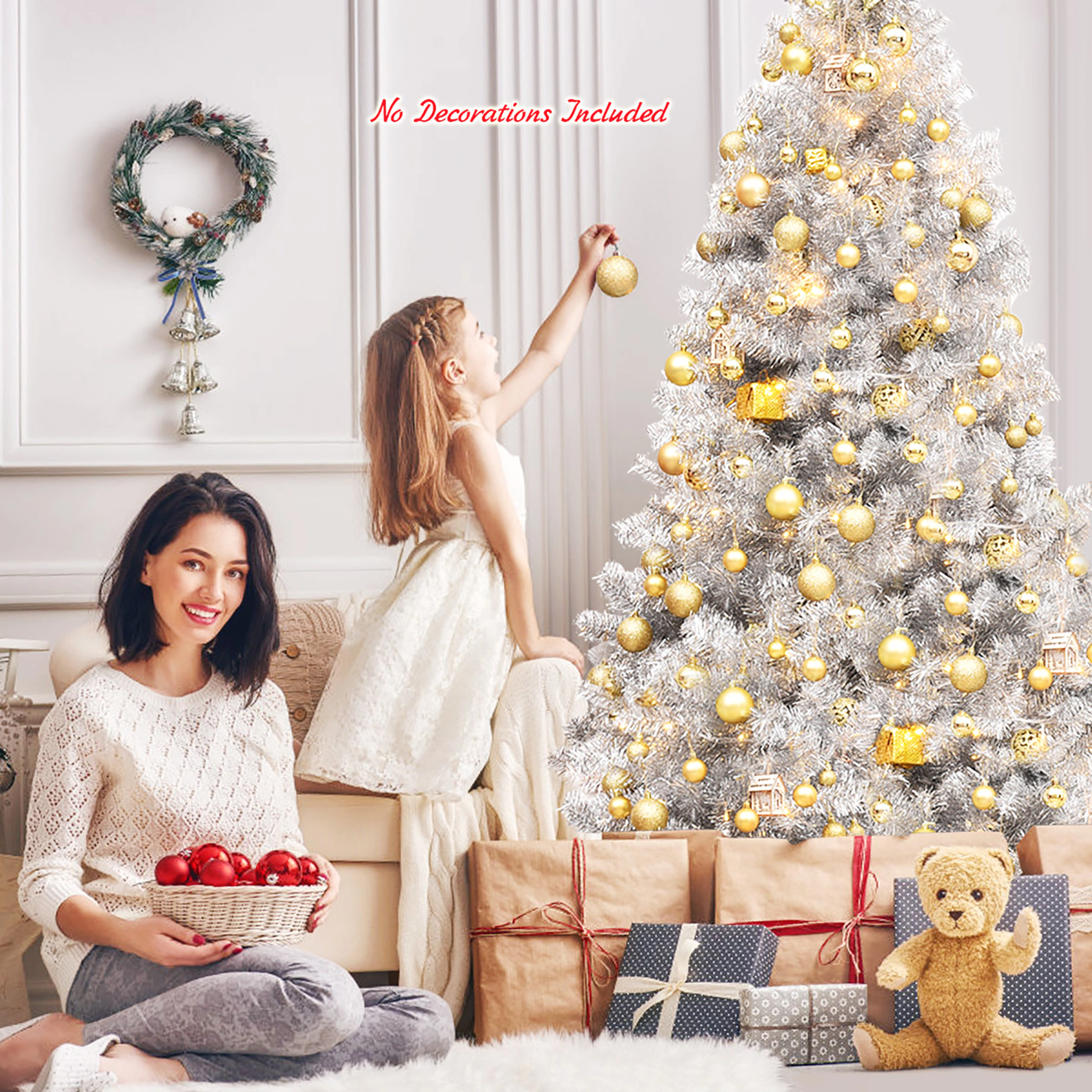 Costway 7.5ft Artificial Tinsel Christmas Tree w/1258 Tips Foldable Stand Champagne