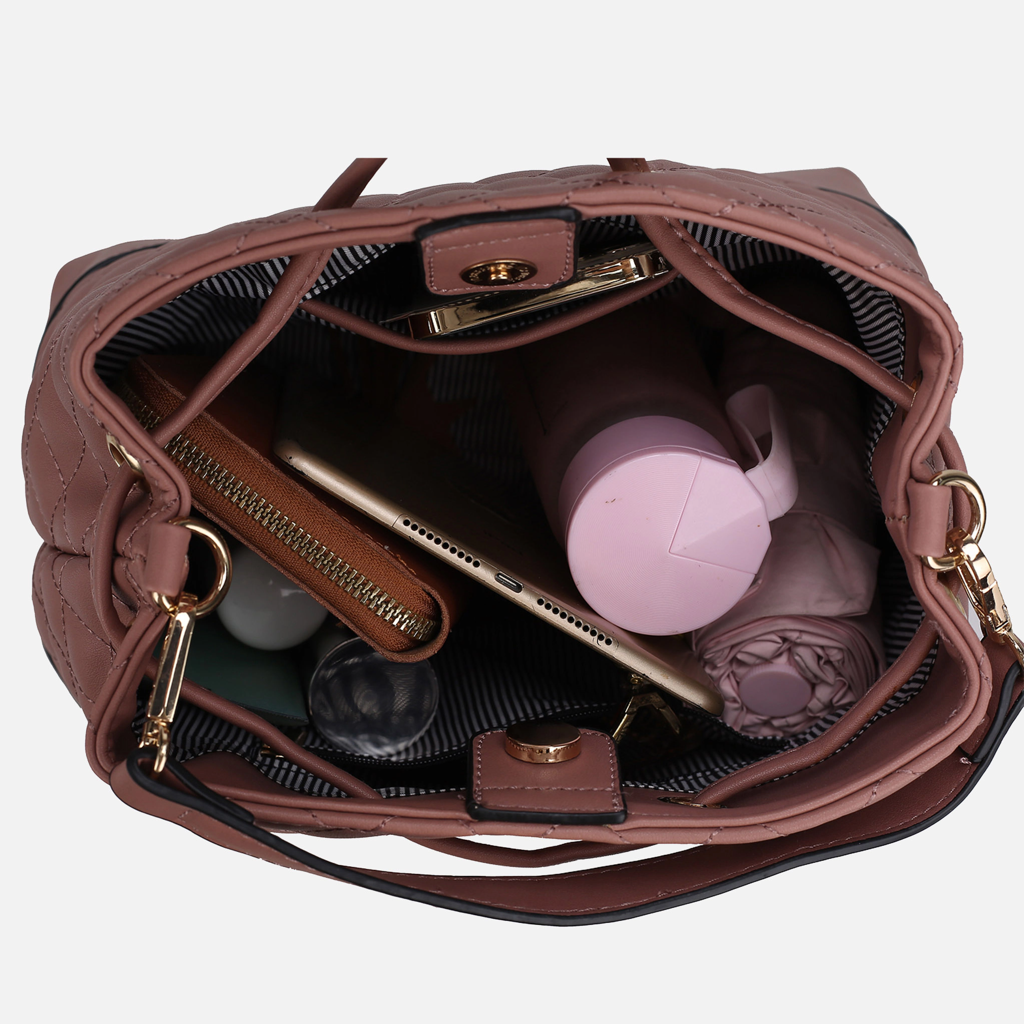Mia K Collection Wendy Quilted Bucket Bag - Pebbled Vegan Leather, Gold-Tone Hardware