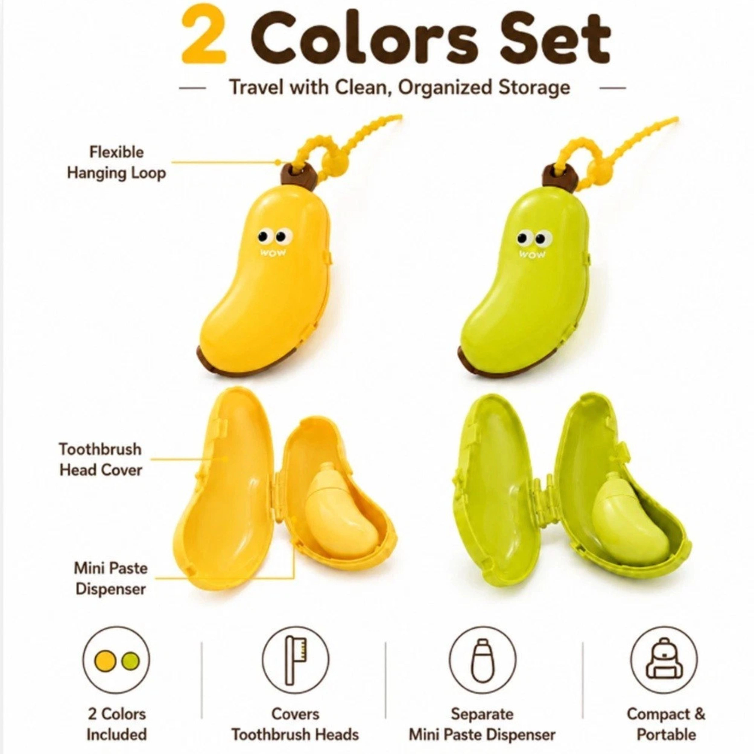 Home Collection Pack of 2 Banana Toothbrush Case Travel Holder with Toothpaste Dispenser