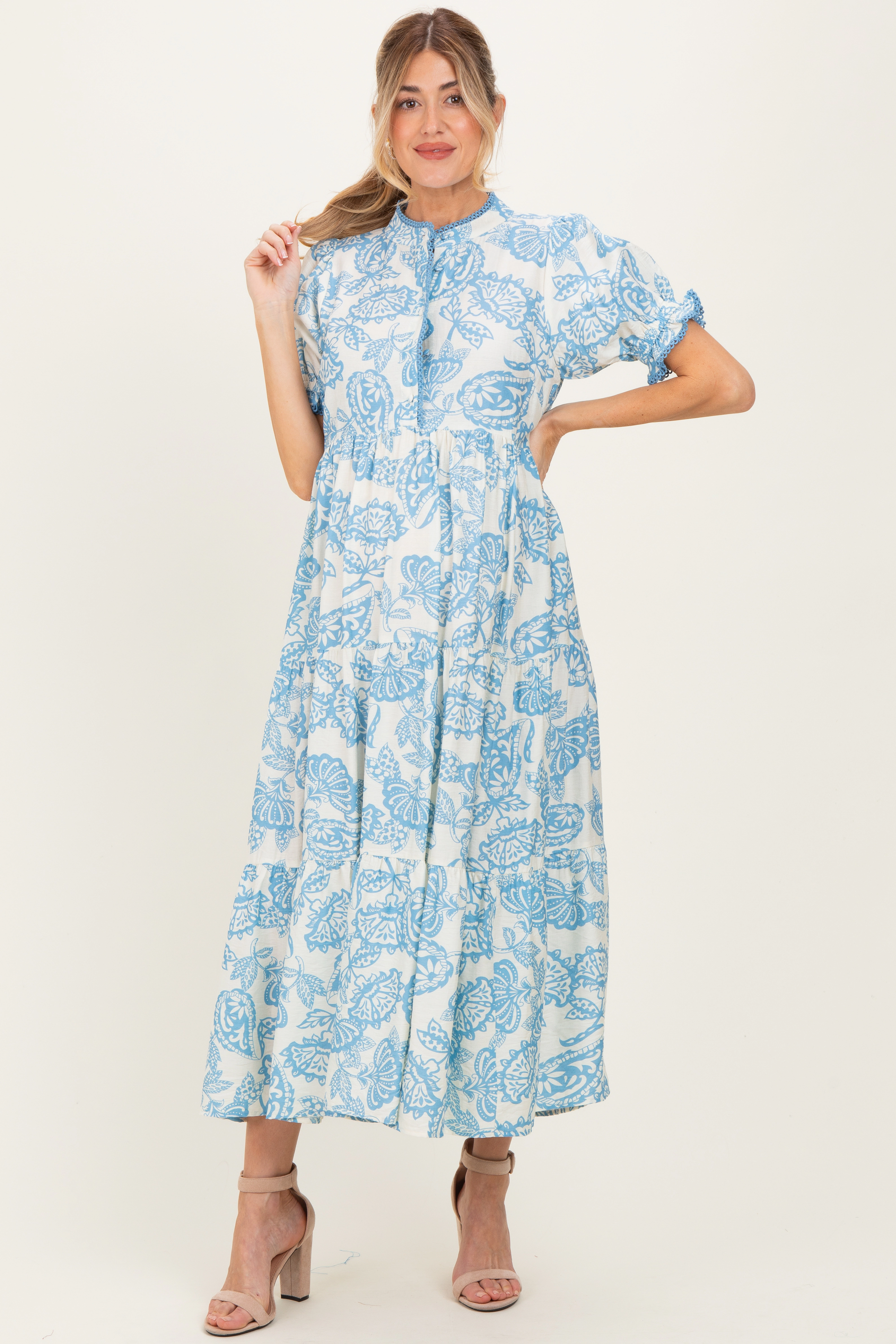 PinkBlush Womens Light Blue Paisley Print Tiered Maternity Midi Dress