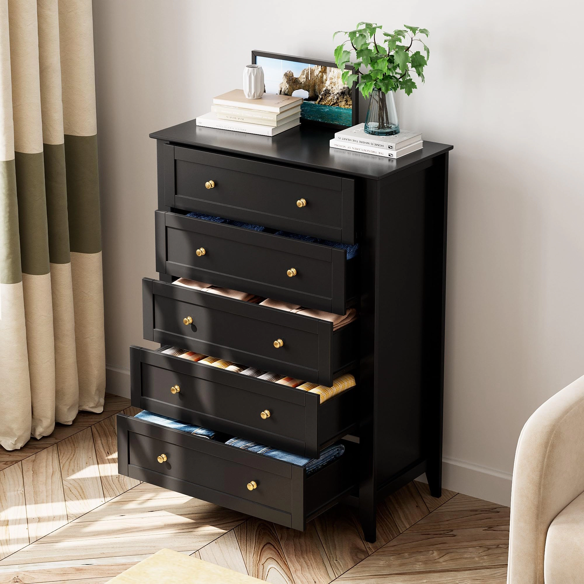 5 Drawer Tall Modern Dresser with Metal Knobs, Wooden Storage Chest for Bedroom Entryway Hallway