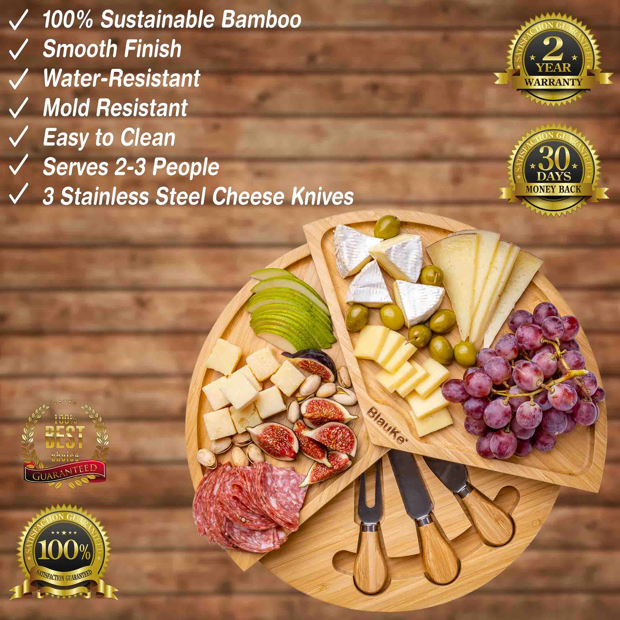 Bamboo Cheese Board and Knife Set - Charcuterie Board with Slide-Out Drawer - Serving Platter, Serving Tray - Gift Idea