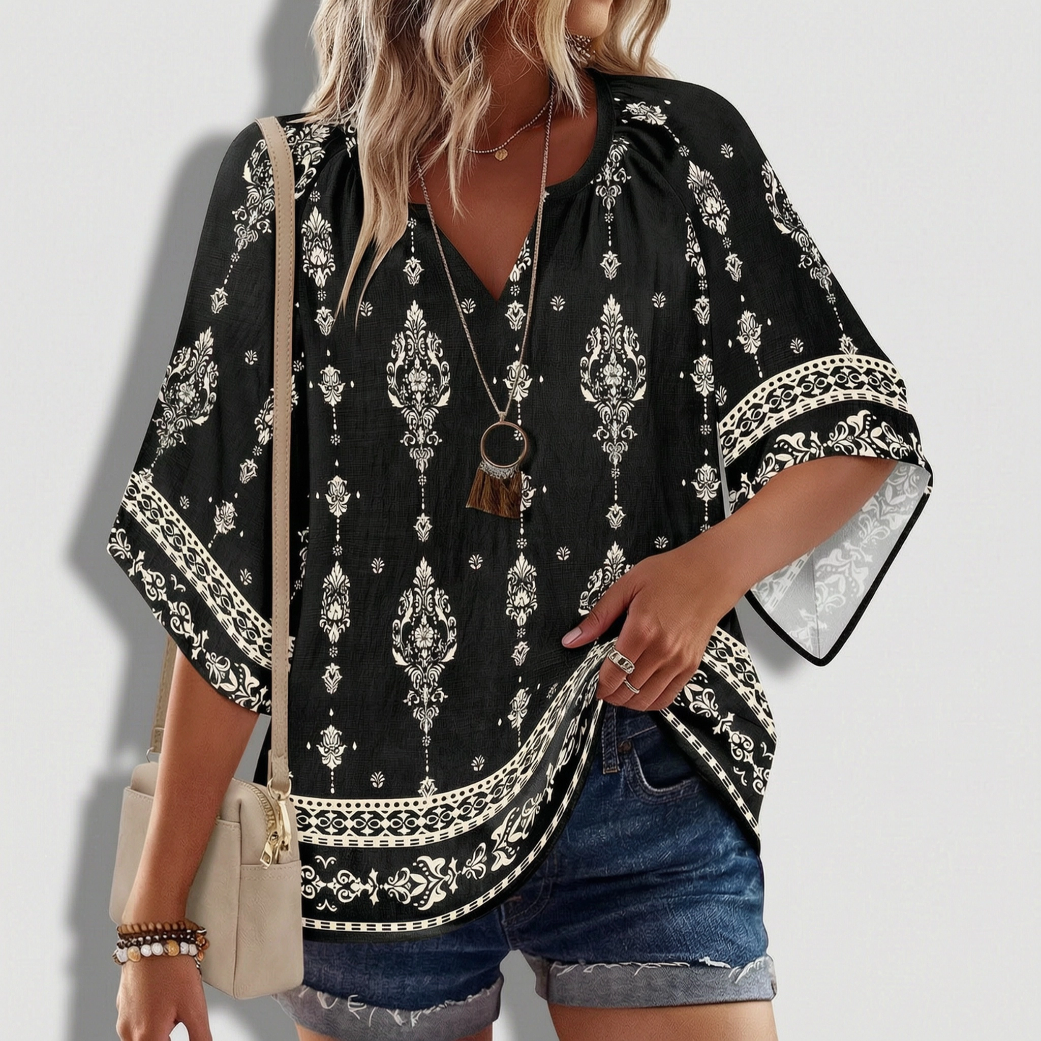 Zeagoo Womens 3/4 Sleeve V Neck Floral Printed Boho Blouses Loose Casual Bohemian Tunic Shirts