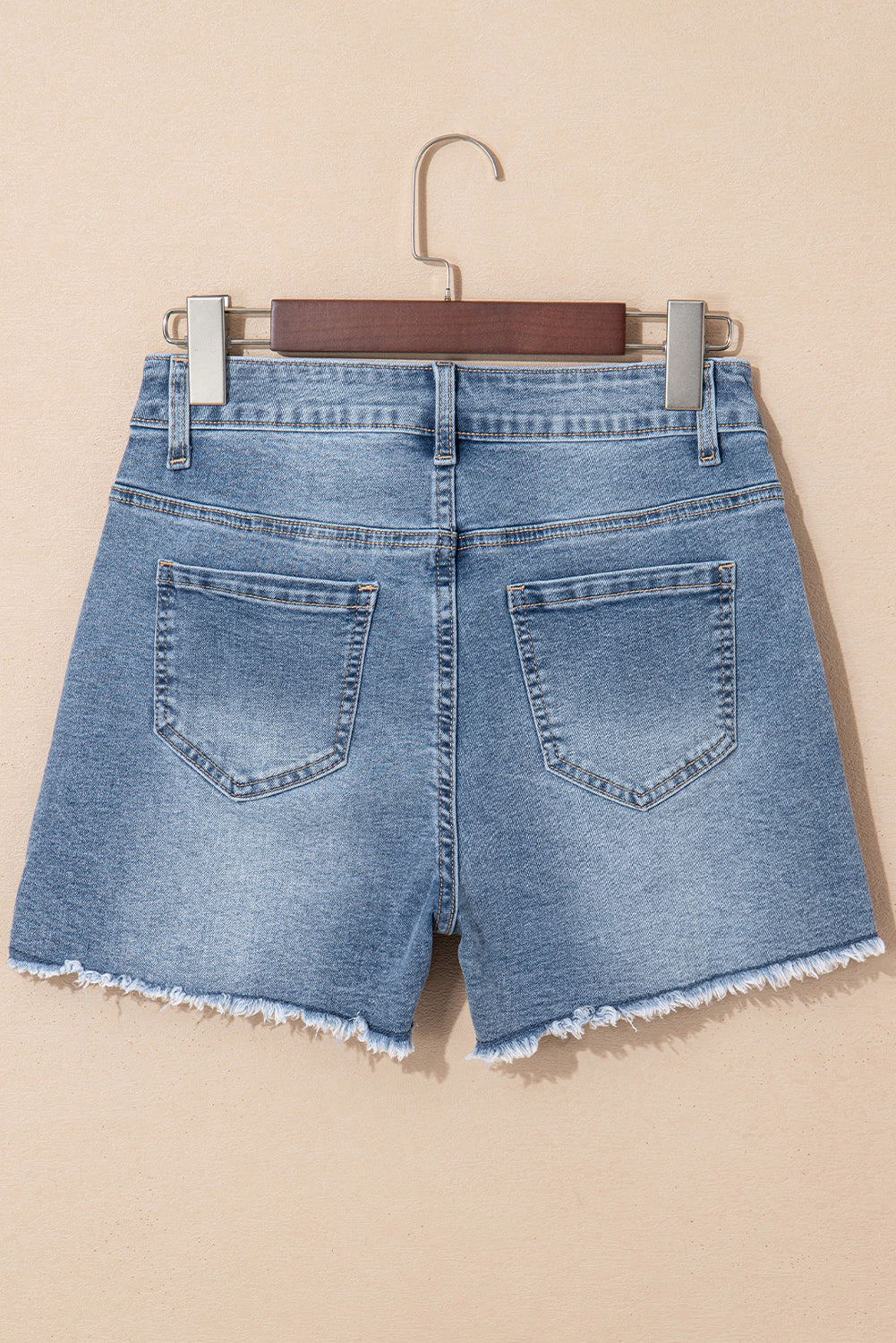 Threaded Pear Women's Amelie Pearl Beaded Raw Hem Medium Wash Denim Shorts
