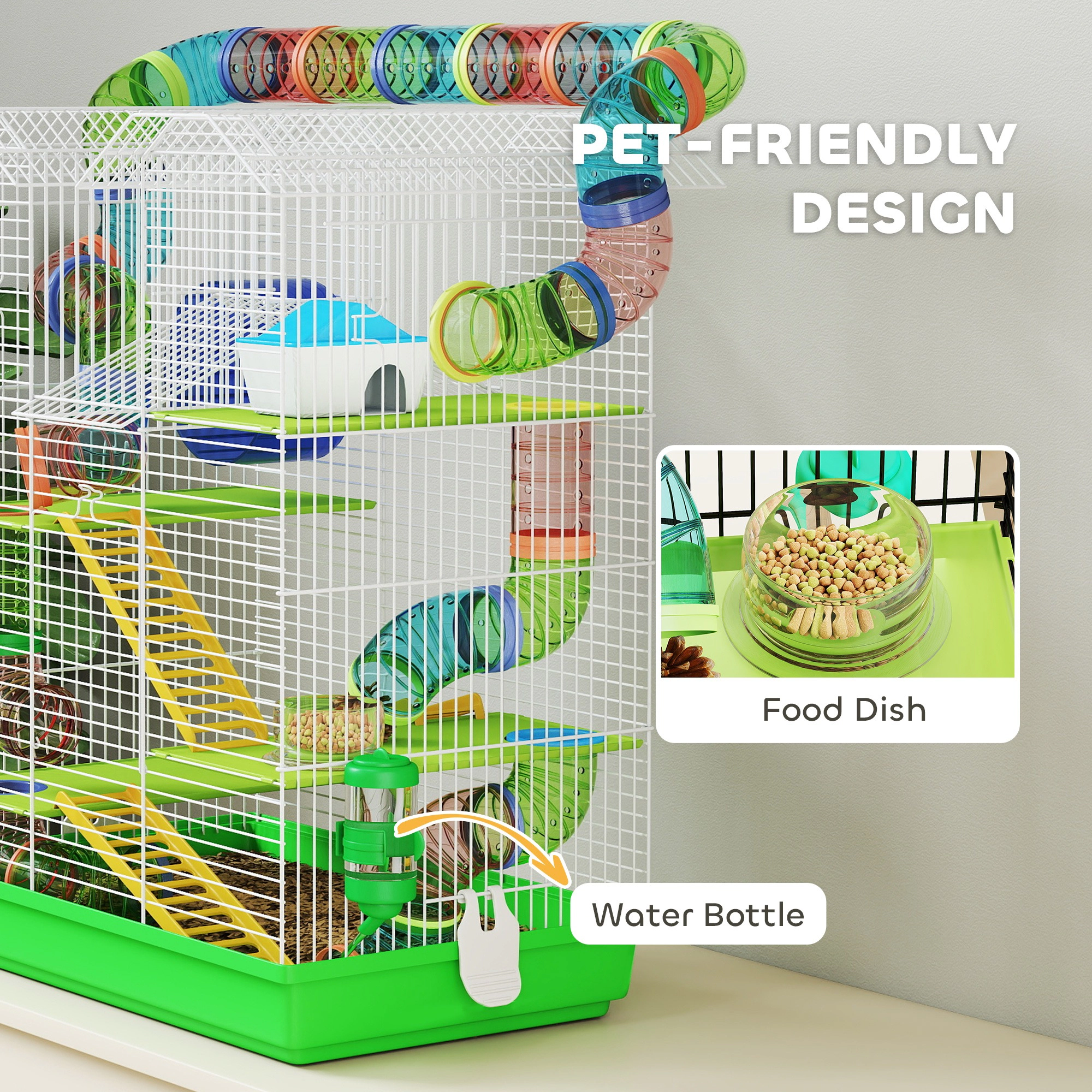 HONGGE 18.5" 5 Tier Hamster Cage with Tubes and Tunnels Small Animal Rat Gerbil Water Bottle Food Dish