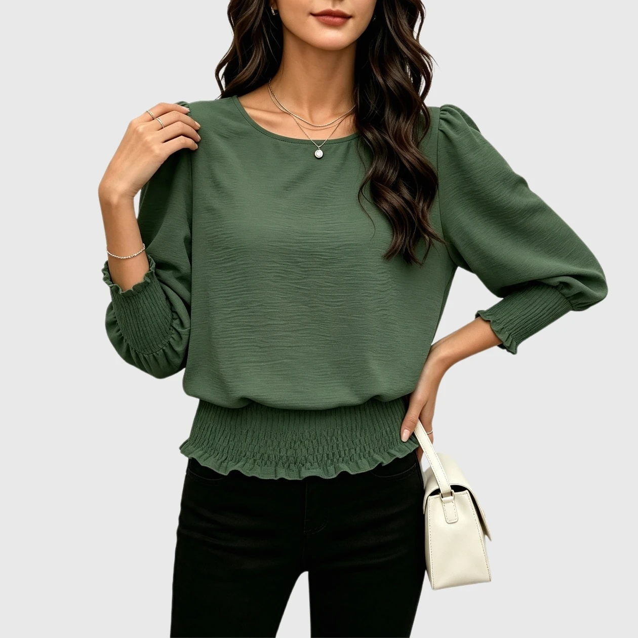 YesFashion Women's Smocked Waist Blouse Long Puff Sleeve Round Neck Casual Daily Top