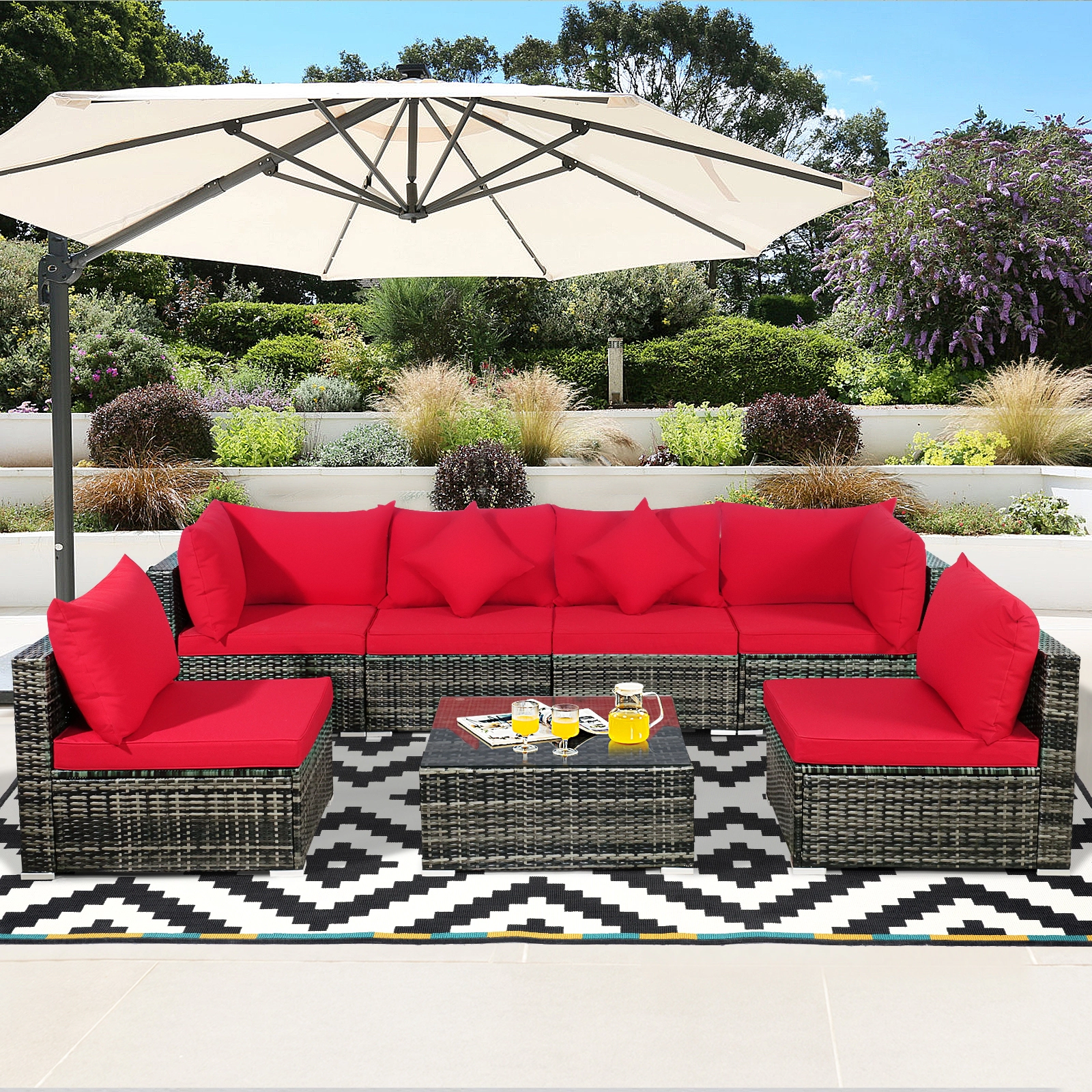 LJG 7 Pieces Patio Rattan Furniture Set Sectional Sofa Garden Cushion