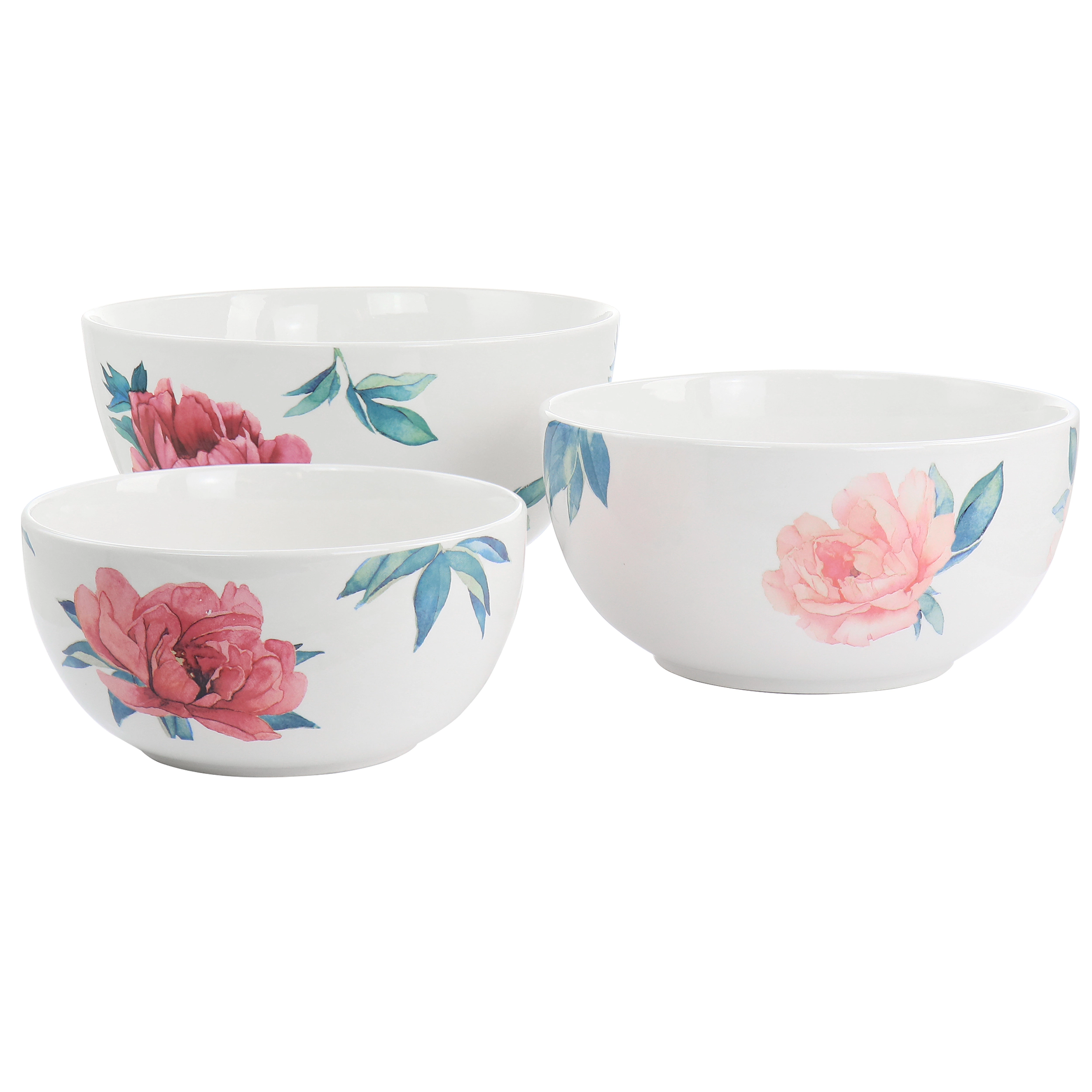 Martha Stewart 3 Piece Fine Ceramic Floral Bowl Set in White