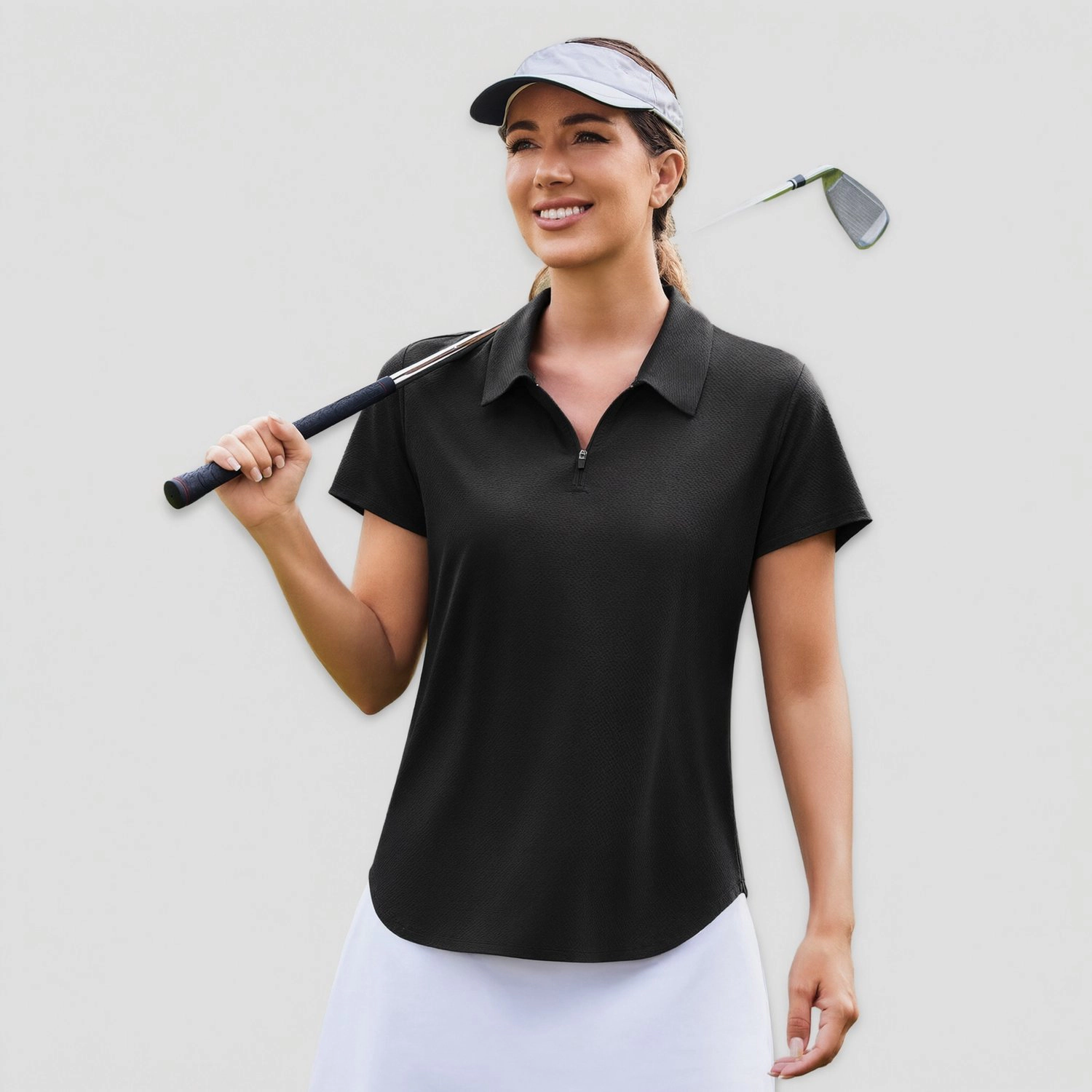 Pinspark Womens White Solid Short Sleeve Polo Shirts Quarter Zip Casual Golf Tops