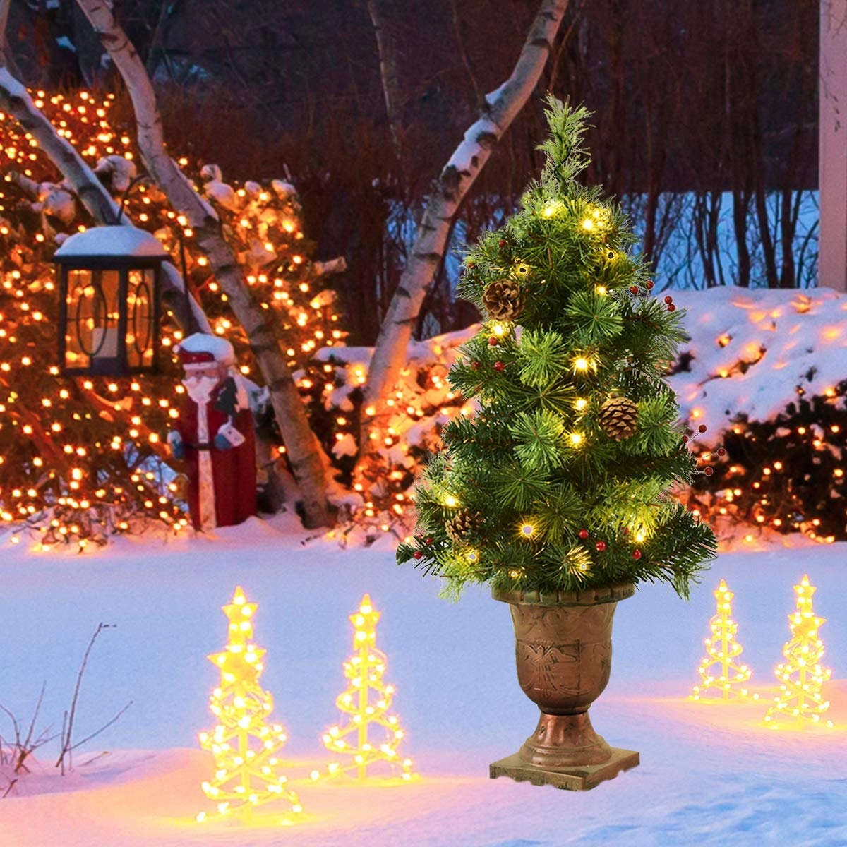 Glintex 4-Ft Pre-Lit Christmas Tree with Red Berries Pine Cones and 60 LEDs, Green
