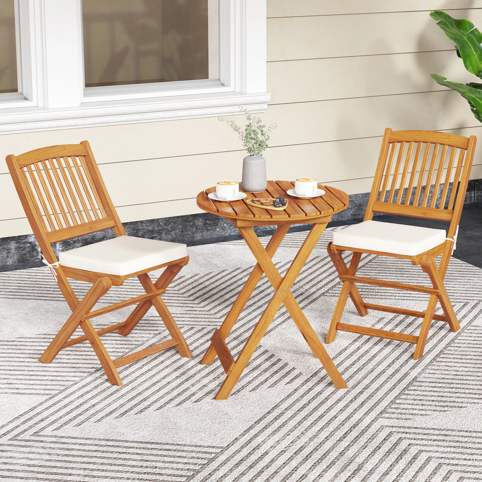 SUGIFT Set of 2 Natural Acacia Wood Folding Outdoor Chairs with Beige Cushions, 400 lb Capacity