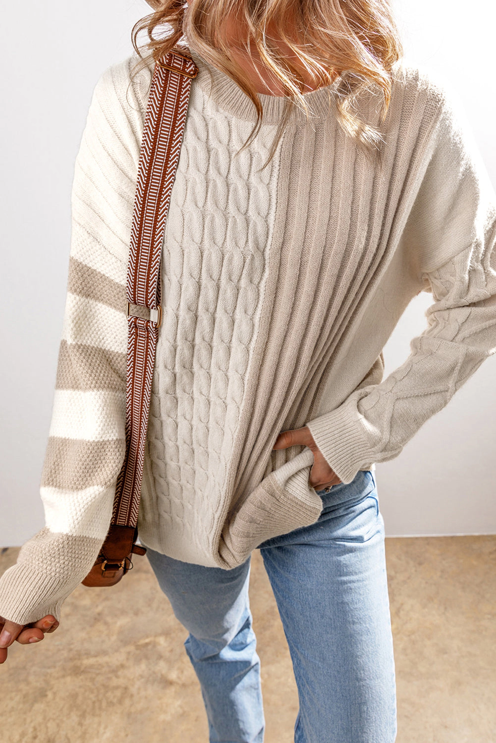Sol Living Womens Cable Knit Colorblock Crew Neck Drop Shoulder Sweater