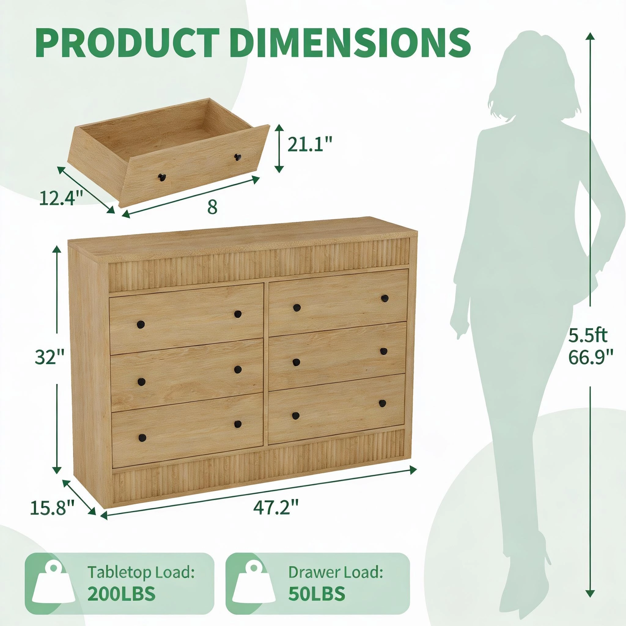 Fluted 6 Drawer Wooden Dresser, 47" Wide Modern Storage Chest for Bedroom or Living Room