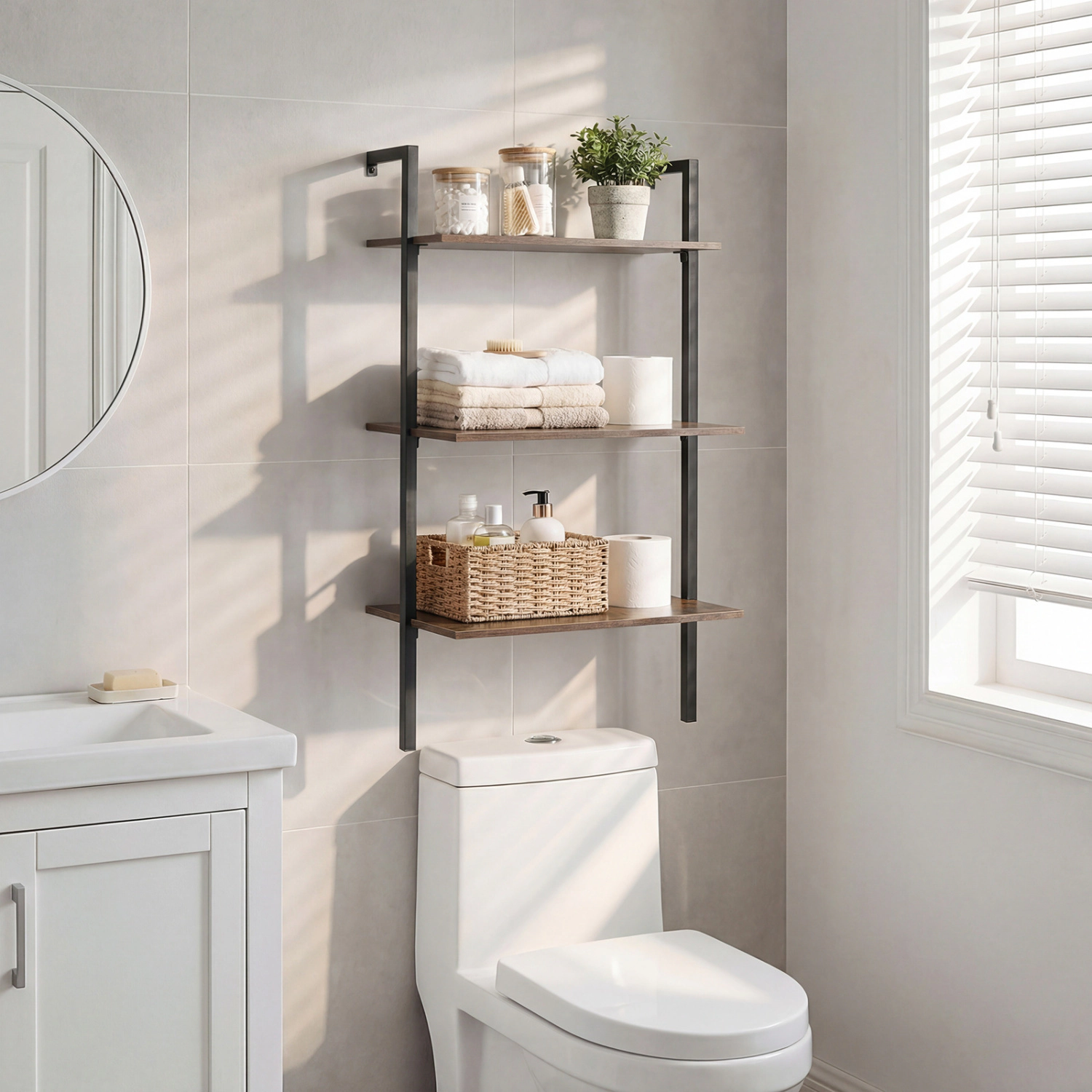 LJG 3-Tier Modern Wall Mounted Shelves Wooden Floating Shelving Unit Metal Ladder Bookshelf