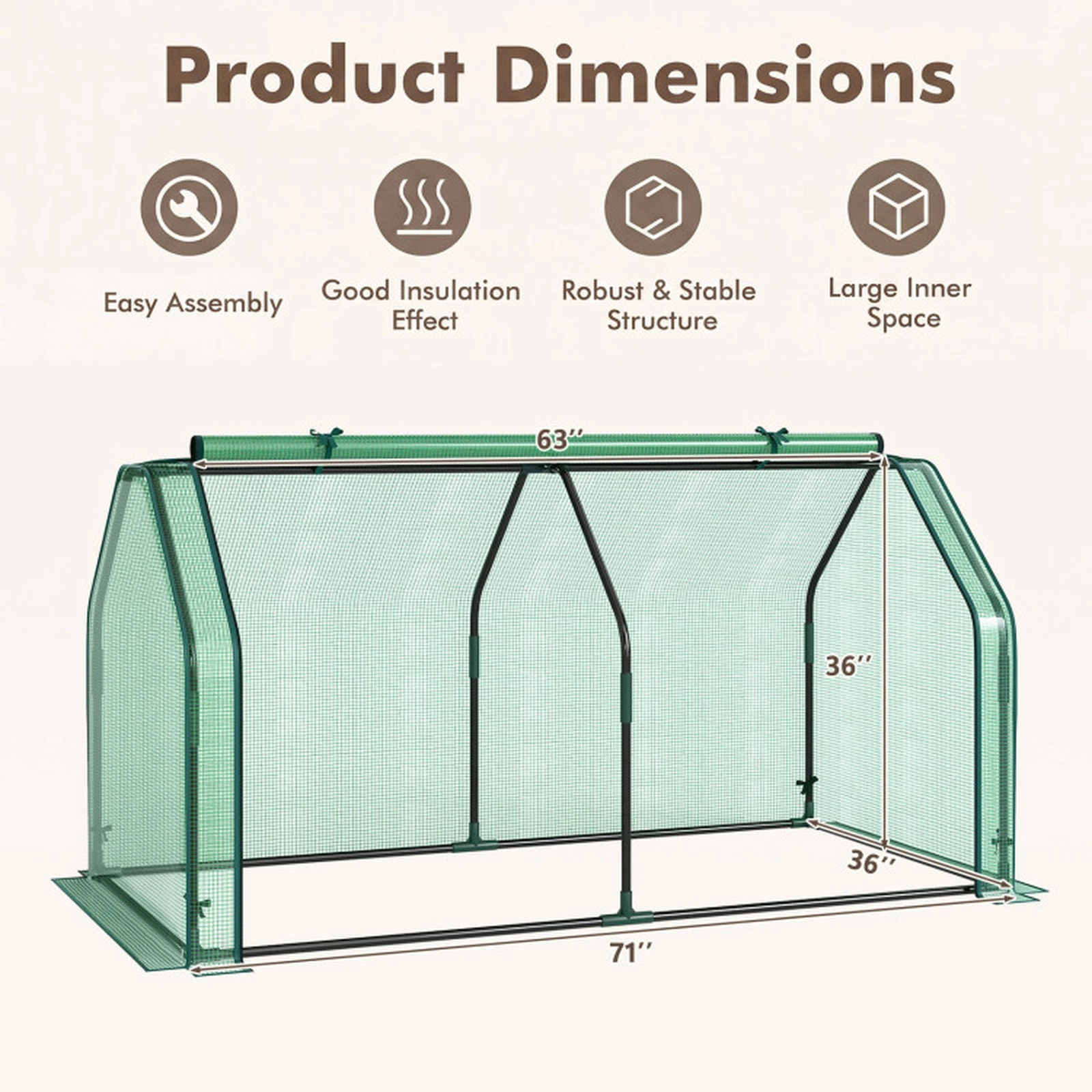 SUGIFT Green Portable Mini Greenhouse with PE Cover and Zippered Roll-Up Door 71-in W 36-in D 36-in H