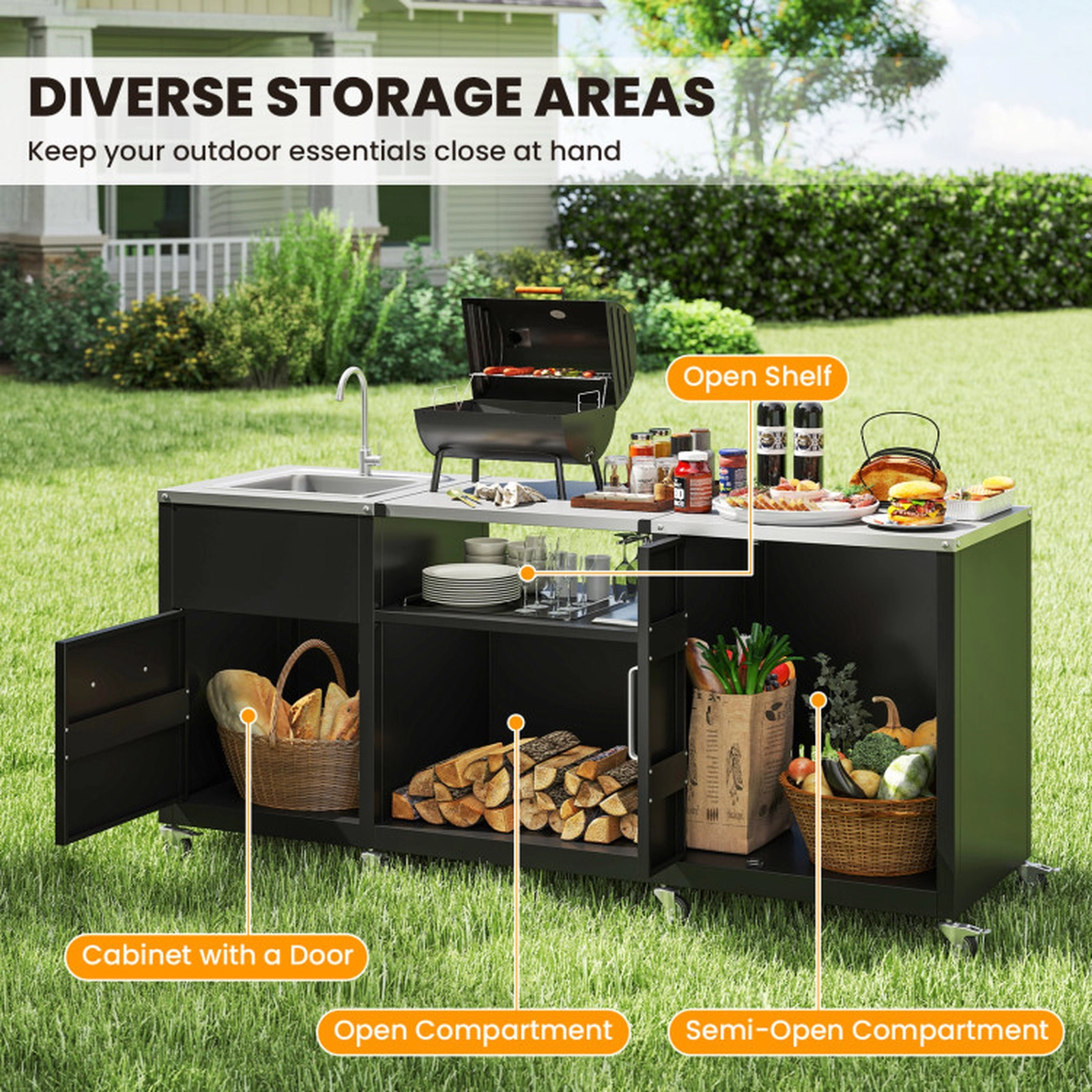 SUGIFT Black Outdoor Grill Table with Sink and Storage Cabinet 80-in W 24-in D 50.5-in H 385-lb Countertop Capacity