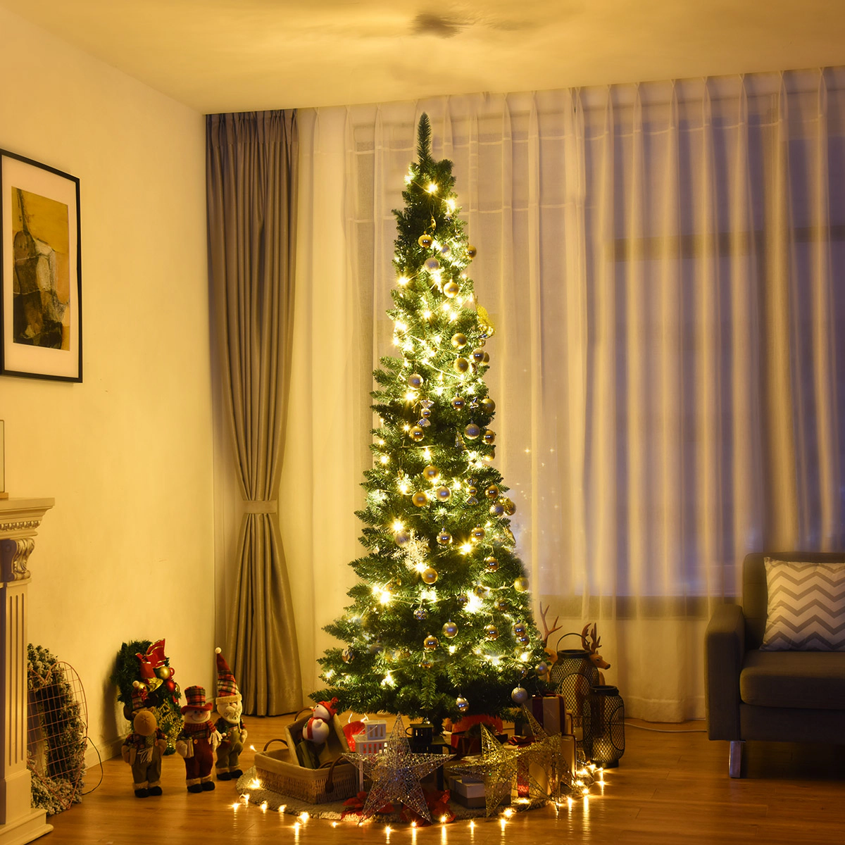 Costway 5/6/7/8/9Ft PVC Artificial Pencil Christmas Tree Slim Stand