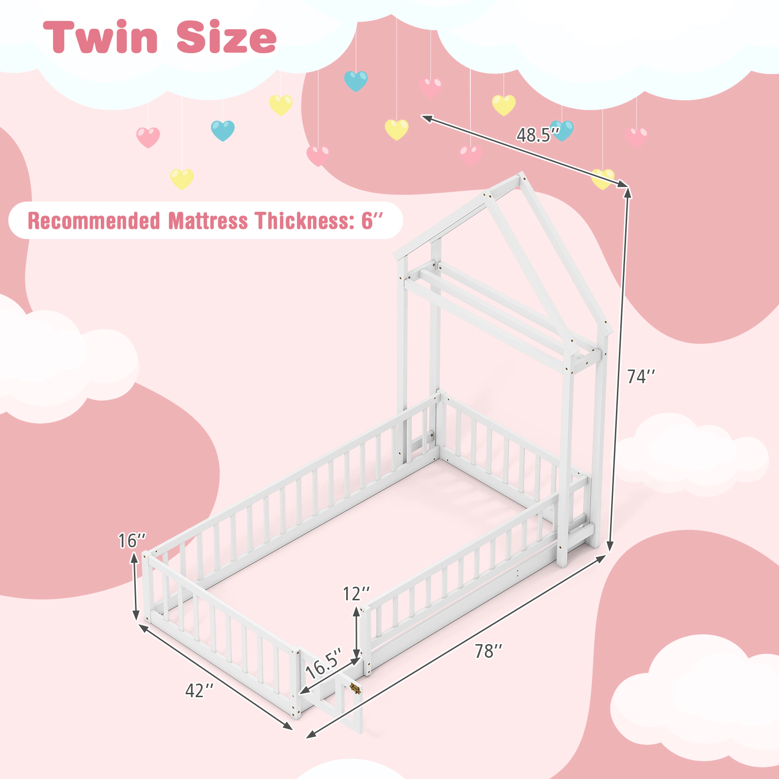 SUGIFT Montessori Low-to-Ground Twin House Floor Bed with Guardrails, Gate and Drying Rack Toddler Bed 74-in Tall White