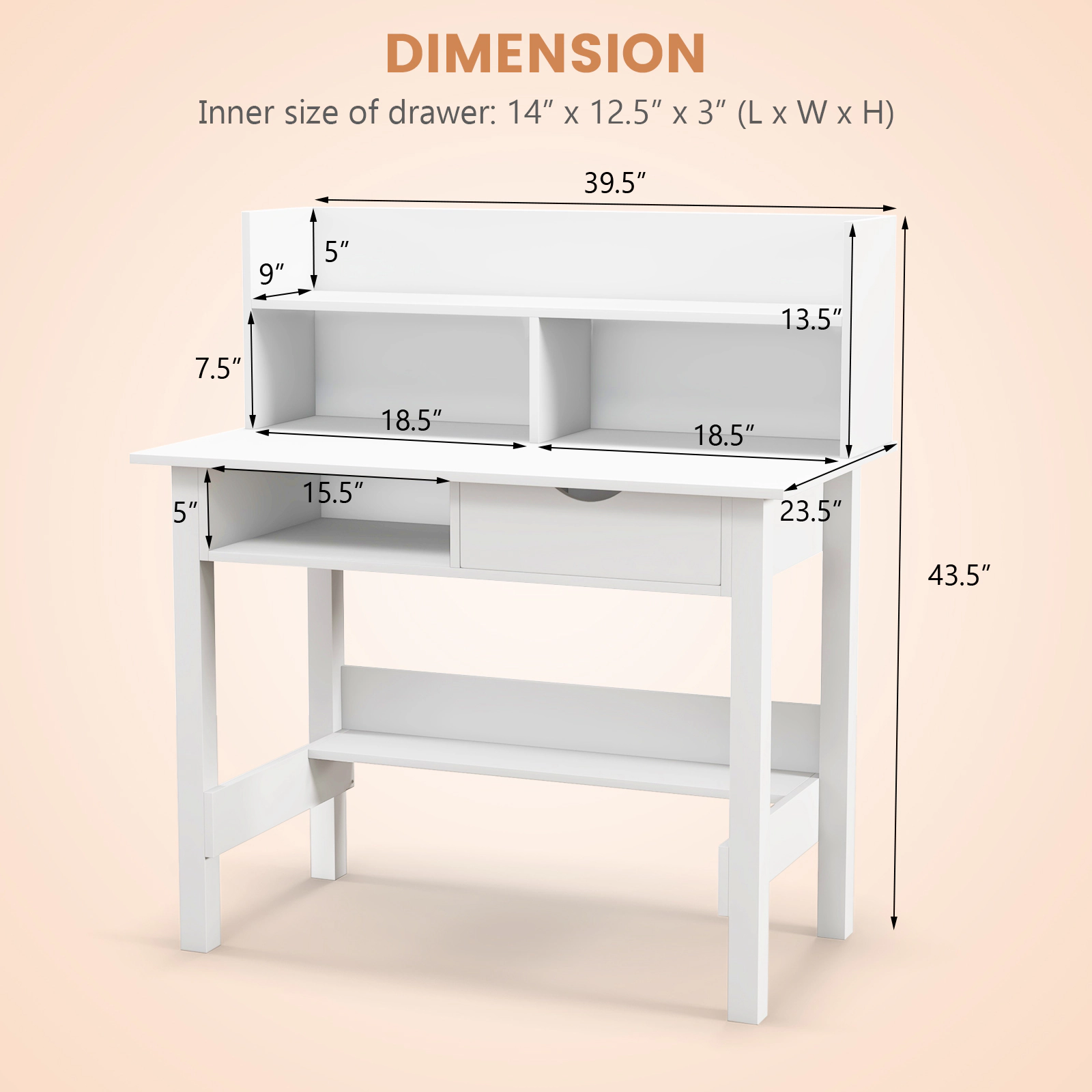 SUGIFT 37.5-Inch White Home Office Desk with Hutch, Drawer, Guardrail and USB Power Outlet
