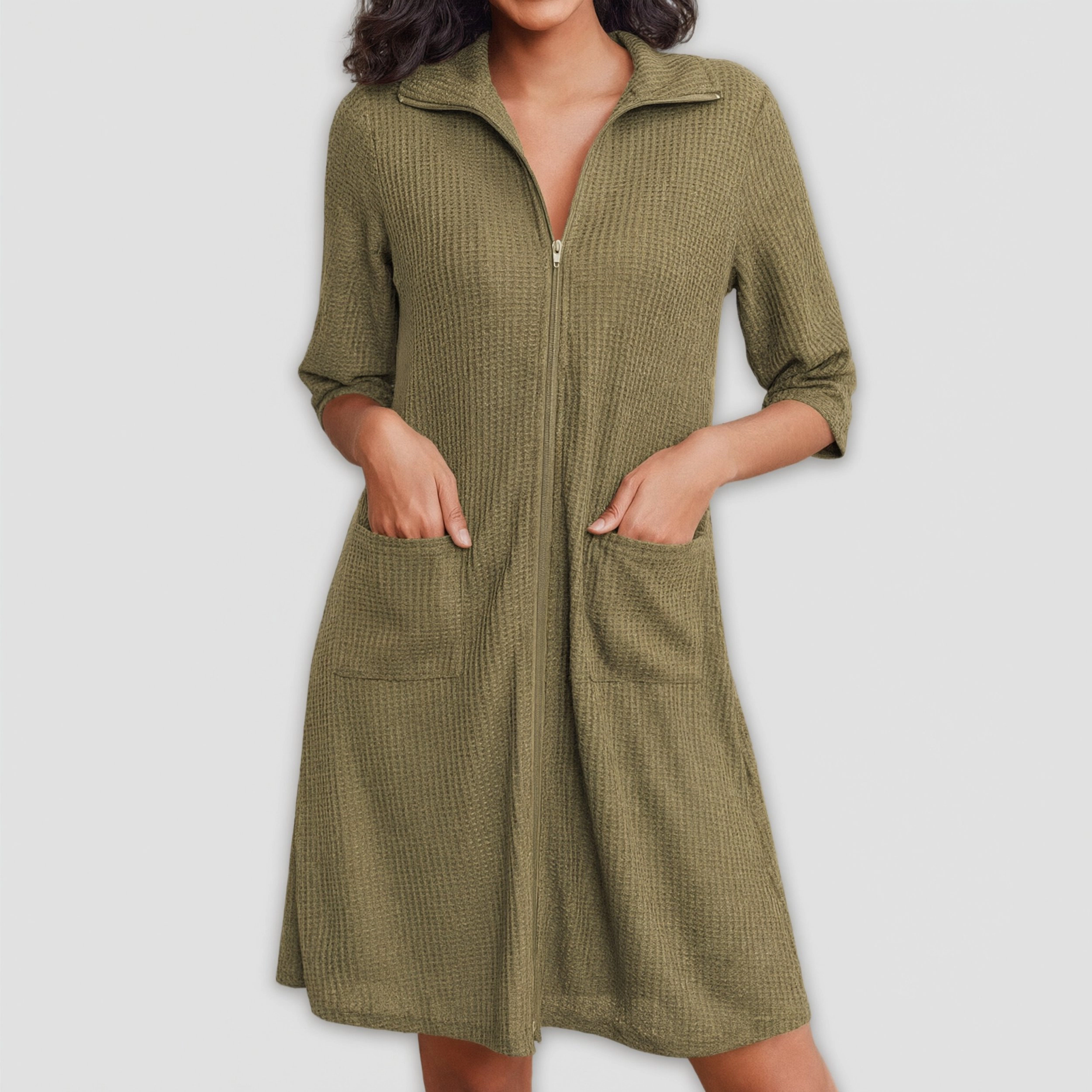 Ekouaer Zipper Robes for Women Waffle Knit Bathrobes Short Lightweight Knee Length Loungewear