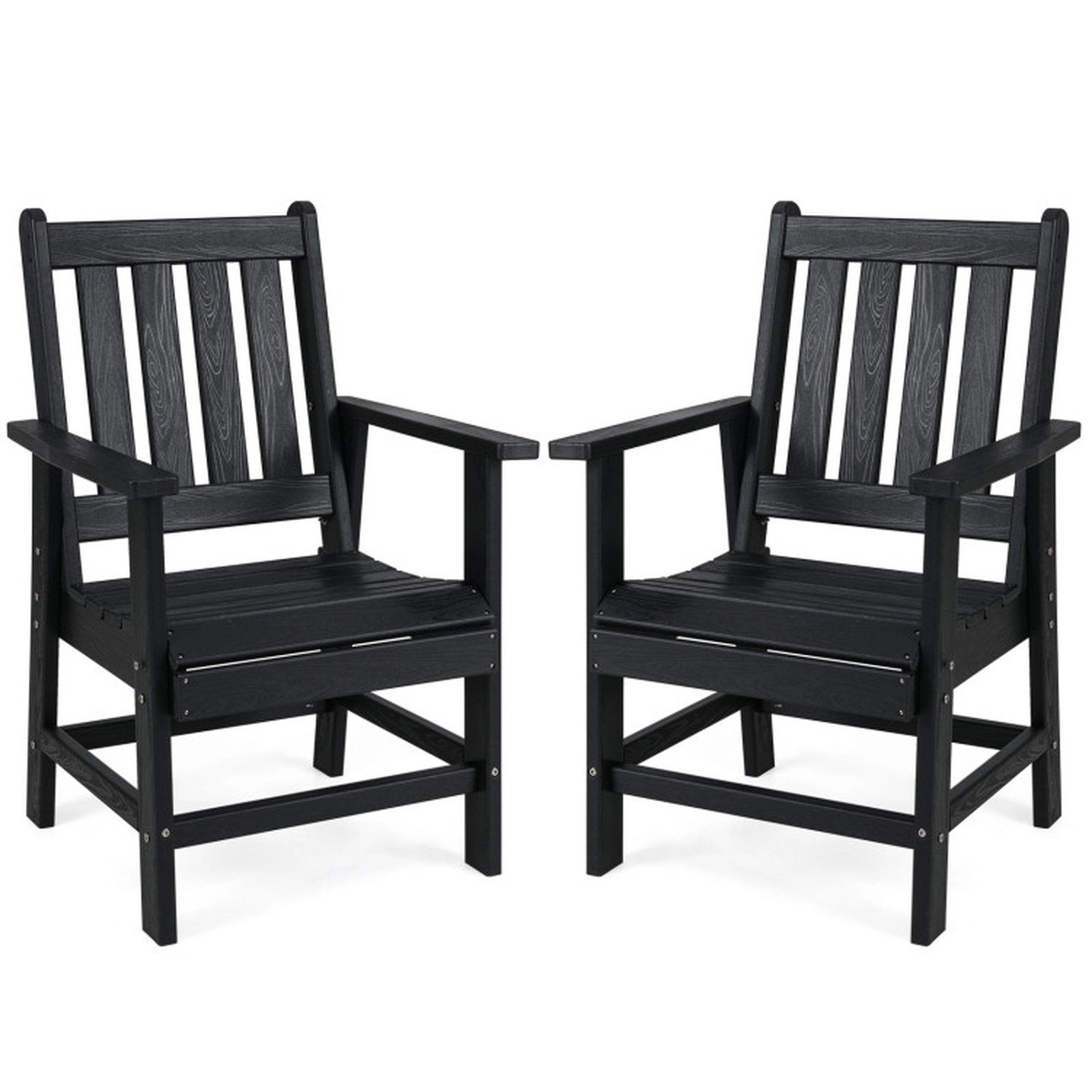 SUGIFT Set of 2 330-lb Capacity Black HDPE Outdoor Dining Chairs with Wide Armrests and Slatted Seat
