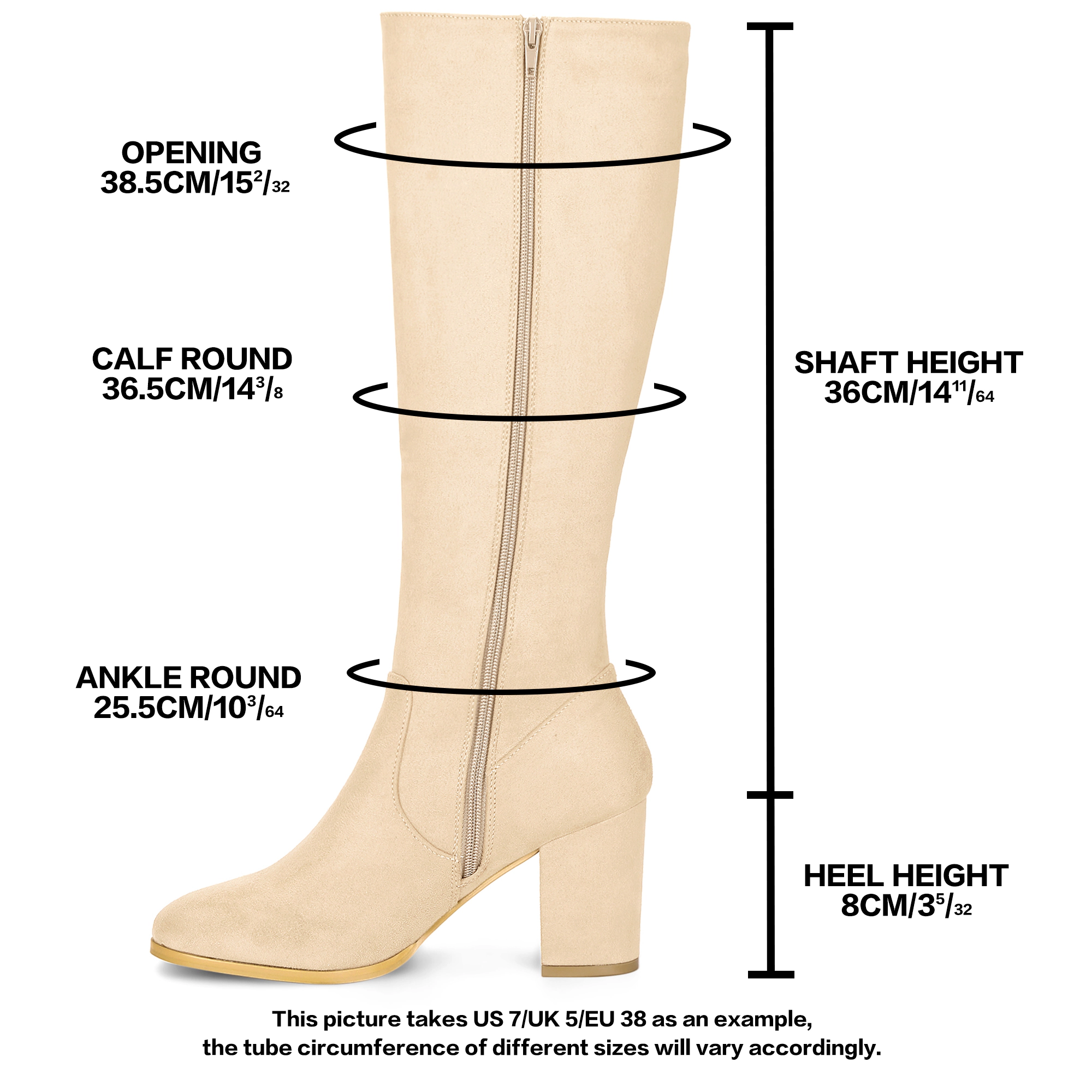 BLISSFUL STEP Women's Side Zipper Chunky Heel Knee High Boots