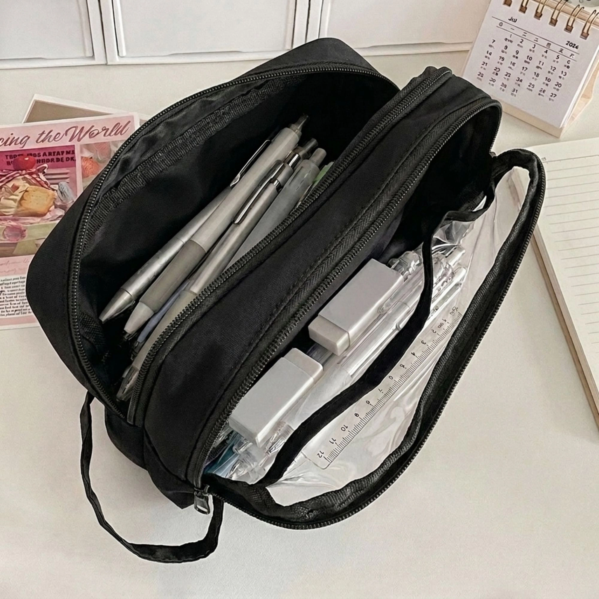 Alilang Women Large Capacity Clear Pencil Case Double Compartment Zipper Pouch with Handle