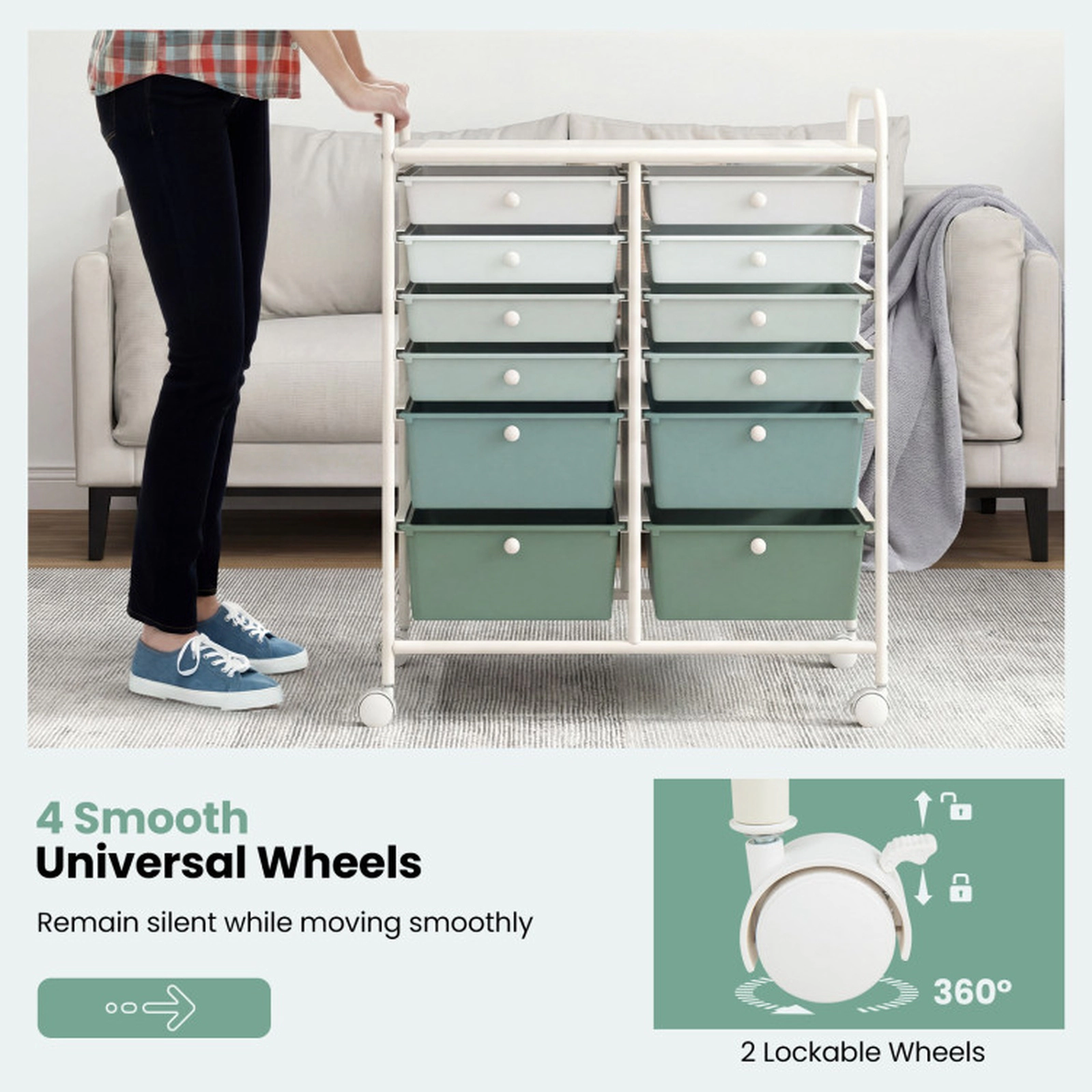 SUGIFT Green Gradient 12-Drawer Rolling Storage Cart with Removable Drawers and Reinforced Metal Frame