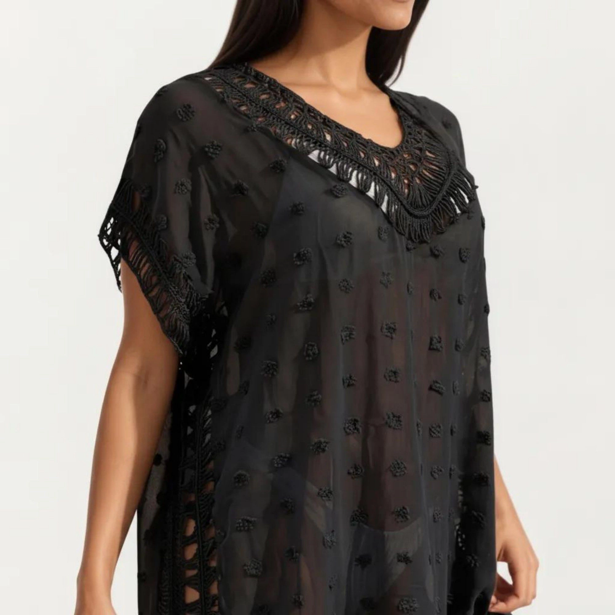 Anna-Kaci Women's Sheer Crochet Trim Tassel Detail Relaxed Fit Short Sleeve Cover Up Dress