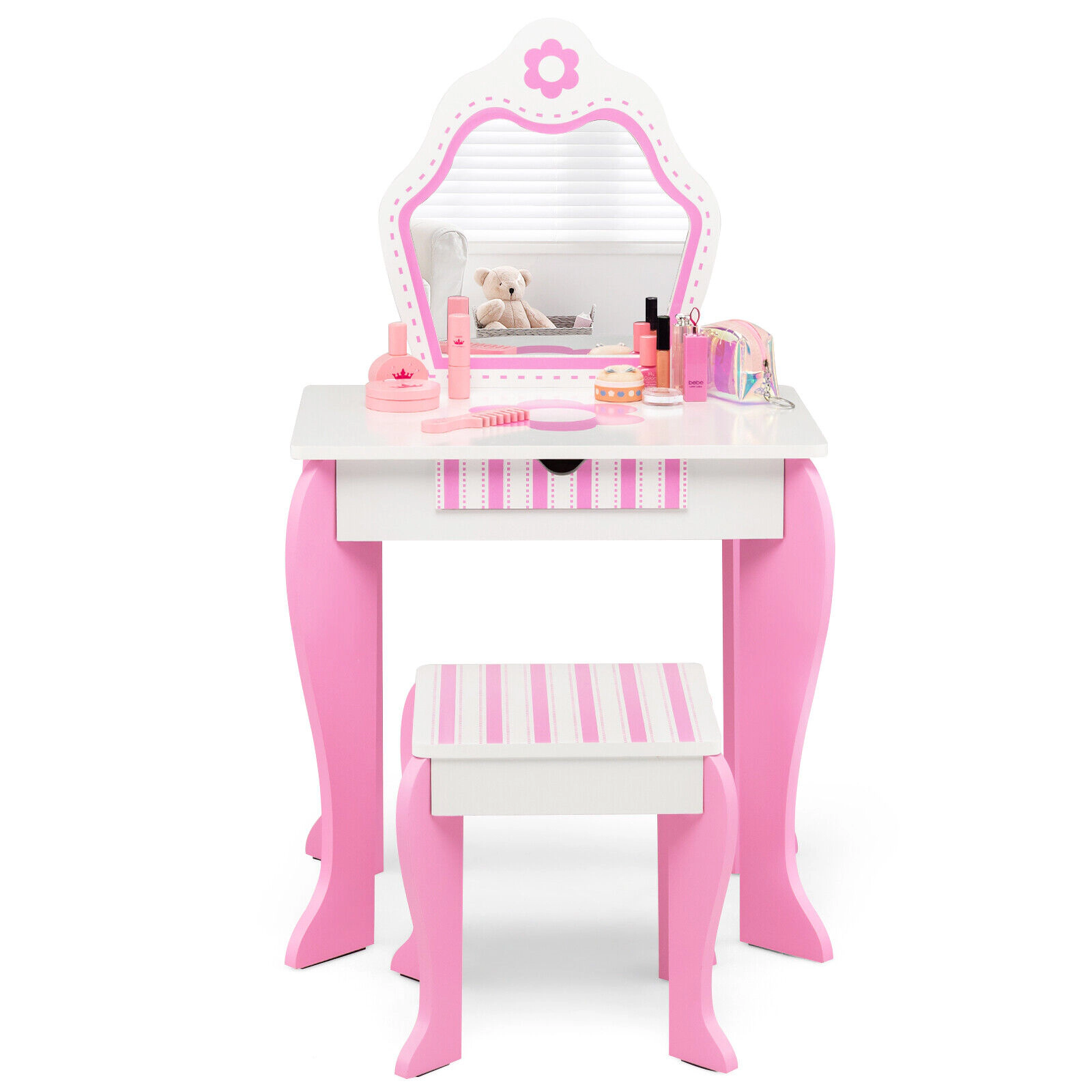 SUGIFT Kids Detachable Mirror Top Flower Patterns Vanity Table and Chair Set 19.5-in x 13.5-in x 34-in 66-lb White