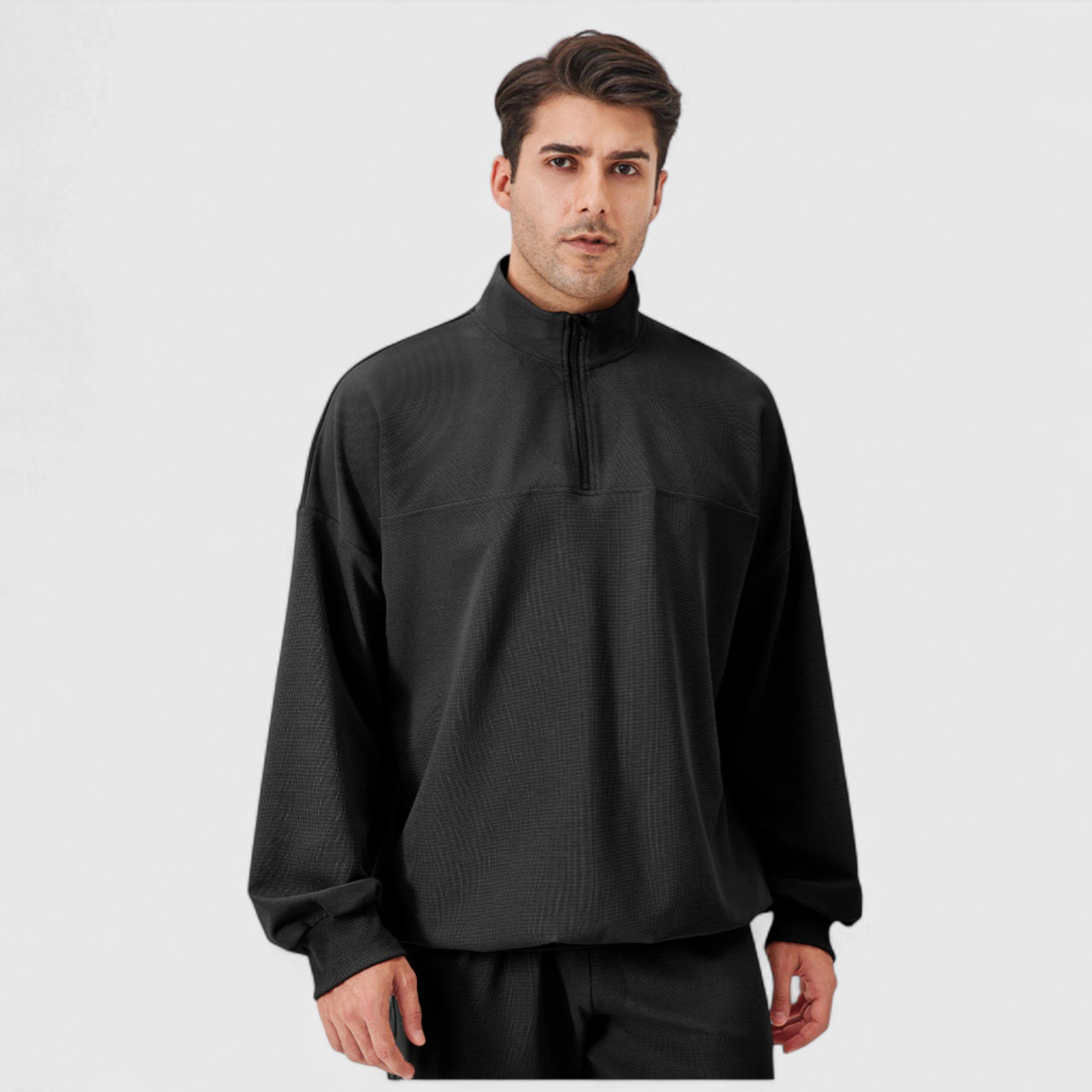 Anna-Kaci Men's Oversized Quarter-Zip Pullover with Drop Shoulders and Ribbed Cuffs for Relaxed Casual Styling