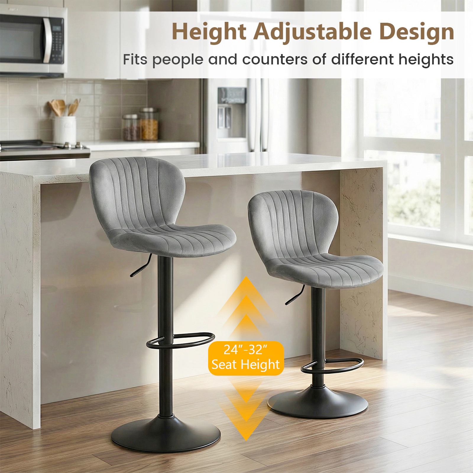 SUGIFT Adjustable Counter Height Bar Stools 330-lb Capacity with 360° Swivel and Footrests Black/Gray + Black