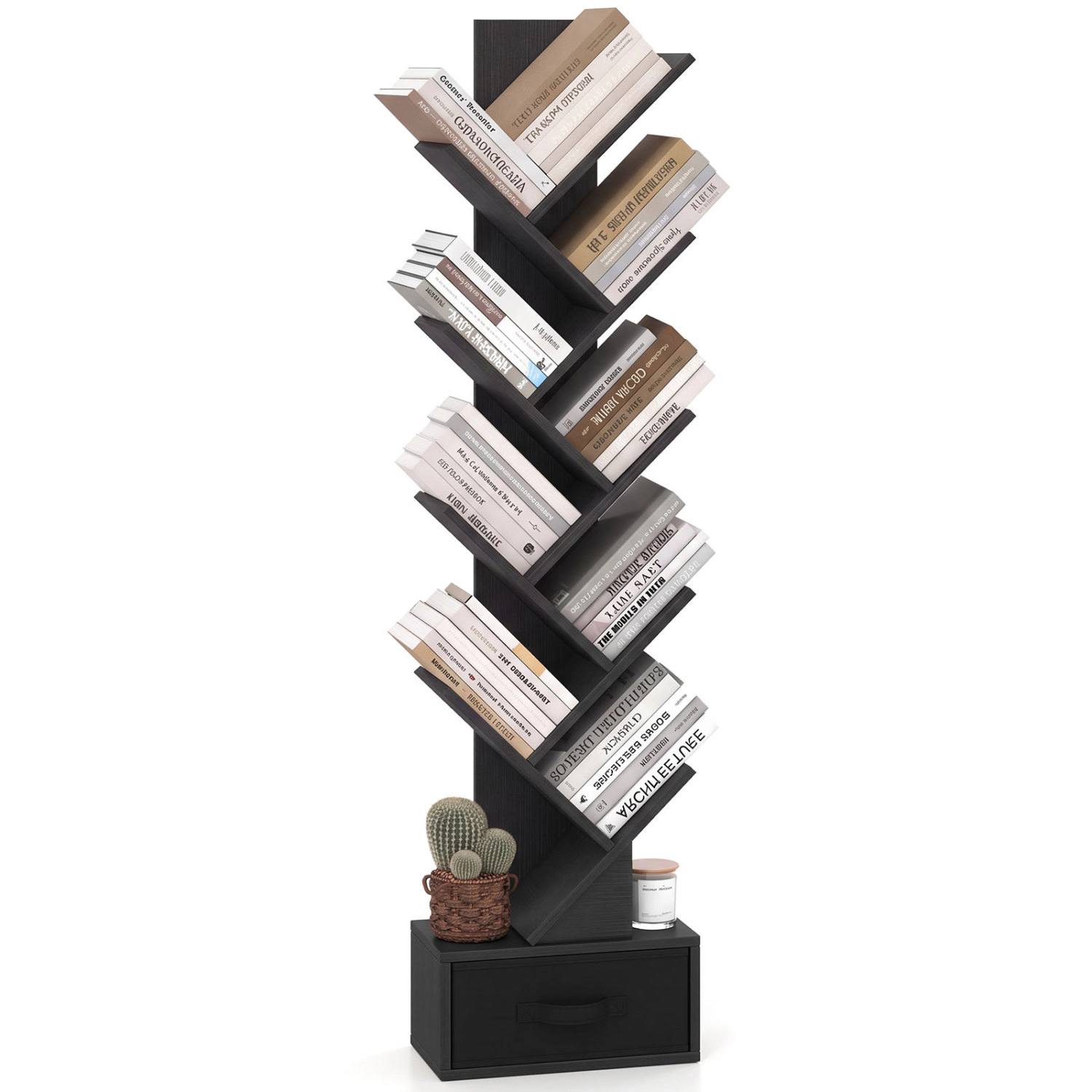 LJG 10-Tier Bookshelf with Drawer Free-Standing Storage Bookcase