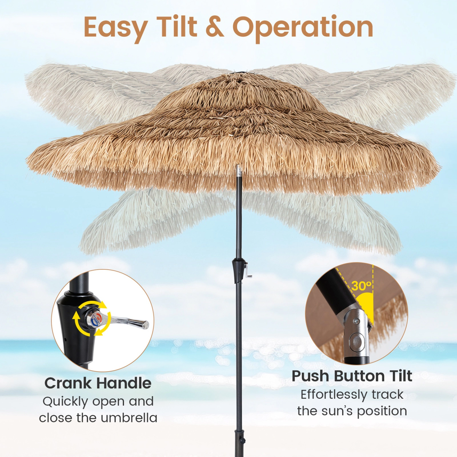 SUGIFT Solar 96-Light Thatched Tiki Patio Umbrella with 12 Lighting Modes 9-ft Canopy Natural and Black