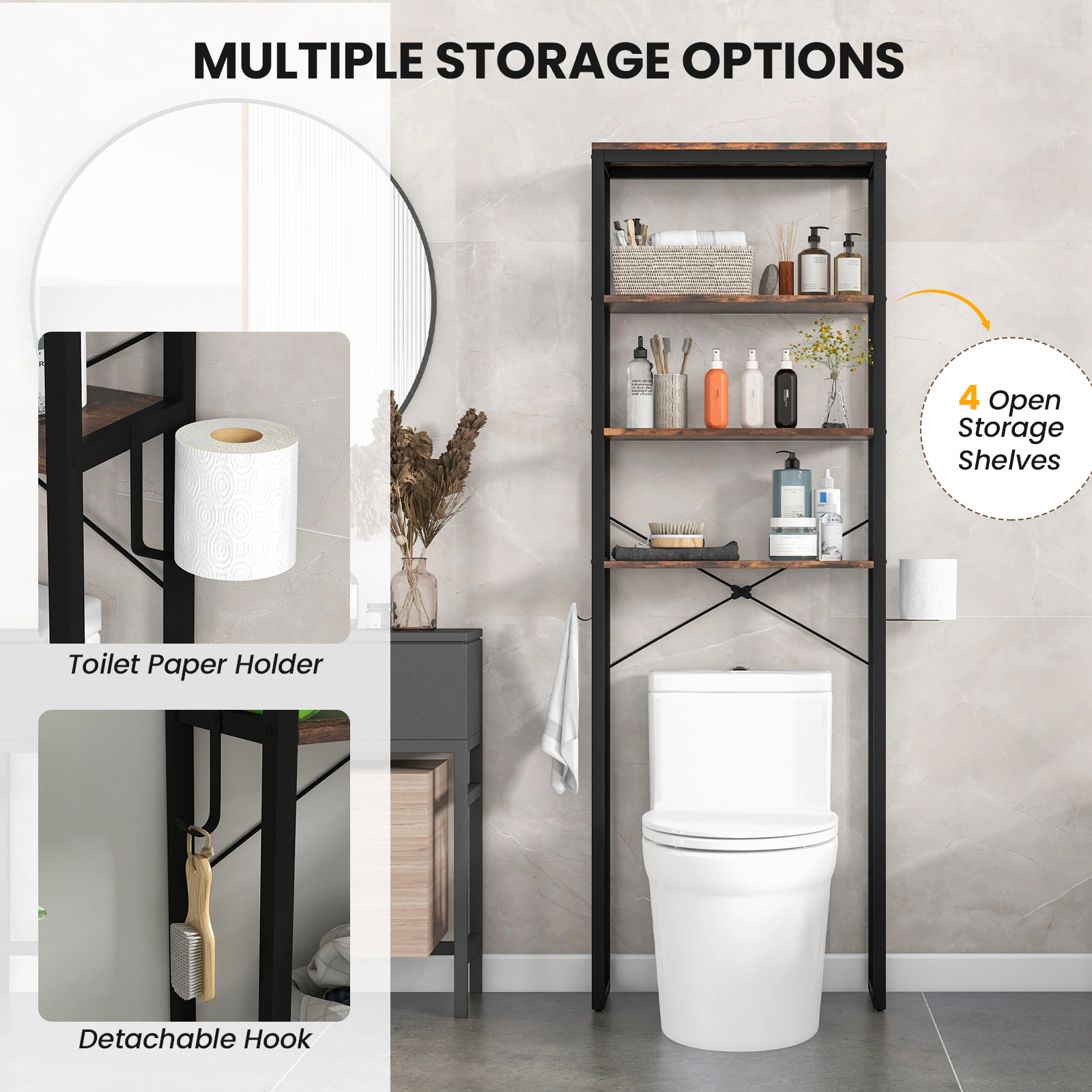 Slickblue Over The Toilet Storage Rack 4 Tier Bathroom Shelf Organizer Metal Wood Unit