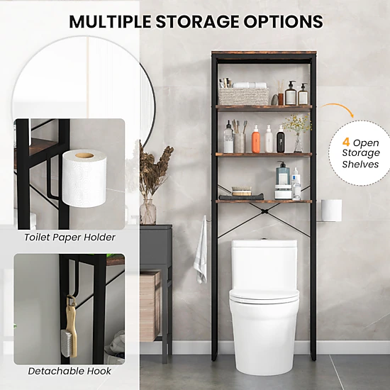 SlickBlue Over The Toilet Storage Rack 4 Tier Bathroom Shelf Organizer Metal Wood Unit