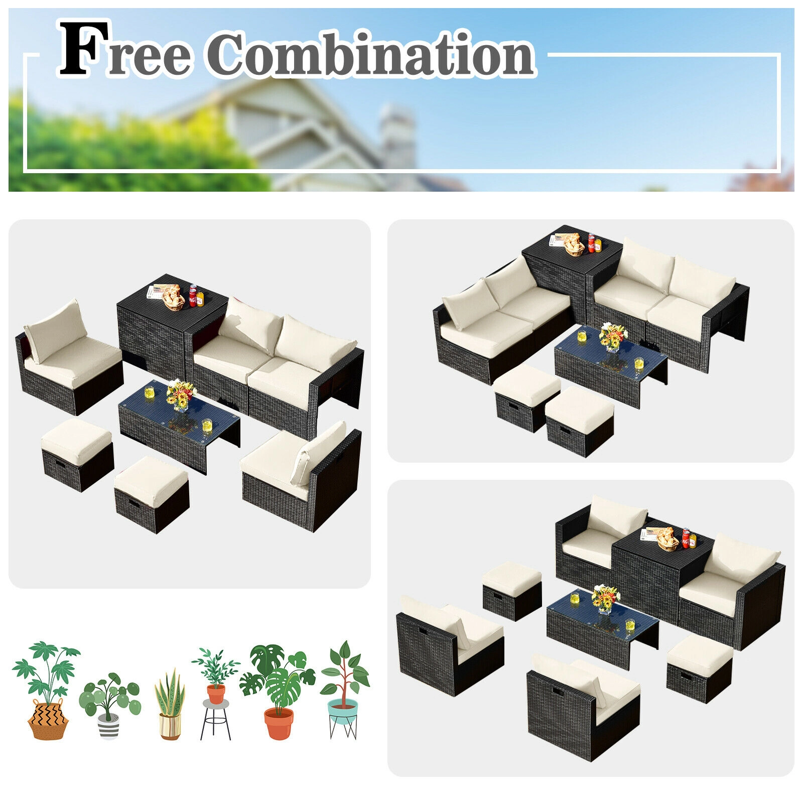 LJG 8 Pieces Patio Rattan Storage Table Furniture Set