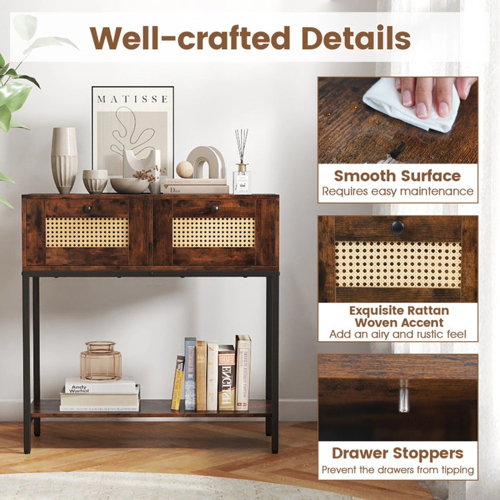 SUGIFT Rattan 2-Drawer Console Table with Open Storage Shelf 132-lb Total Capacity Rustic Brown