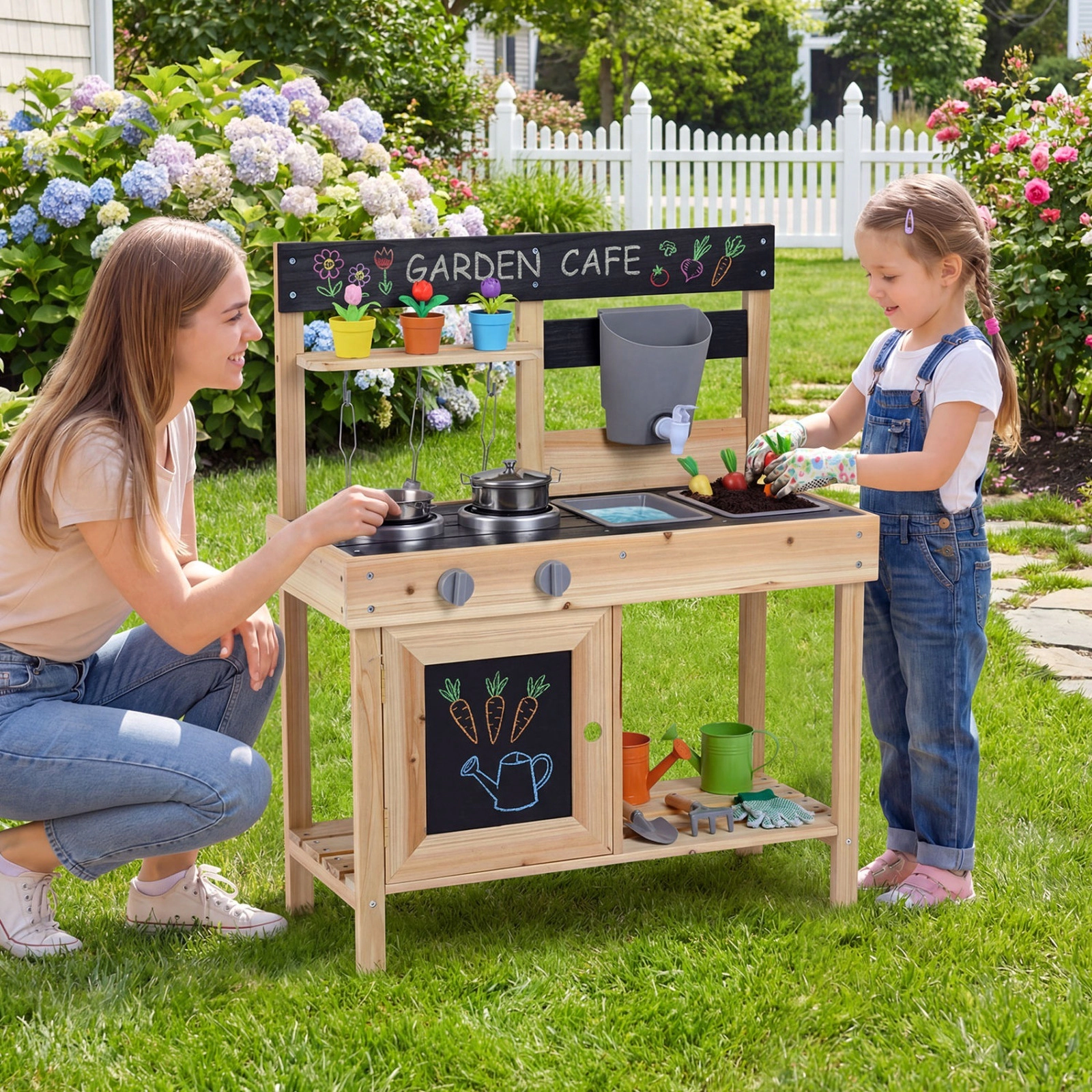 Mud Kitchen for Kids Outdoor 2 Removable Sinks Working Faucet 5 Kitchenware Pieces 26.5-in Fir Wood Ages 3+ Natural
